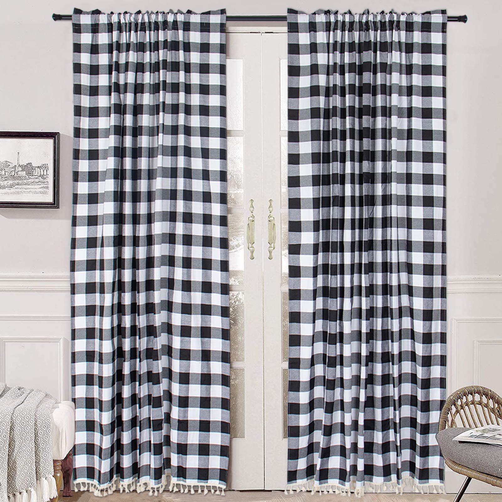 Buffalo Plaid Checkered Curtains 2 Panels 56x96 Inches - Black Gingham Window Drapes with Tassel Trim for Living Room & Bedroom | Light Filtering Farmhouse Style Curtains for Cozy Home Decor, Photo Backdrop & Seasonal Staging