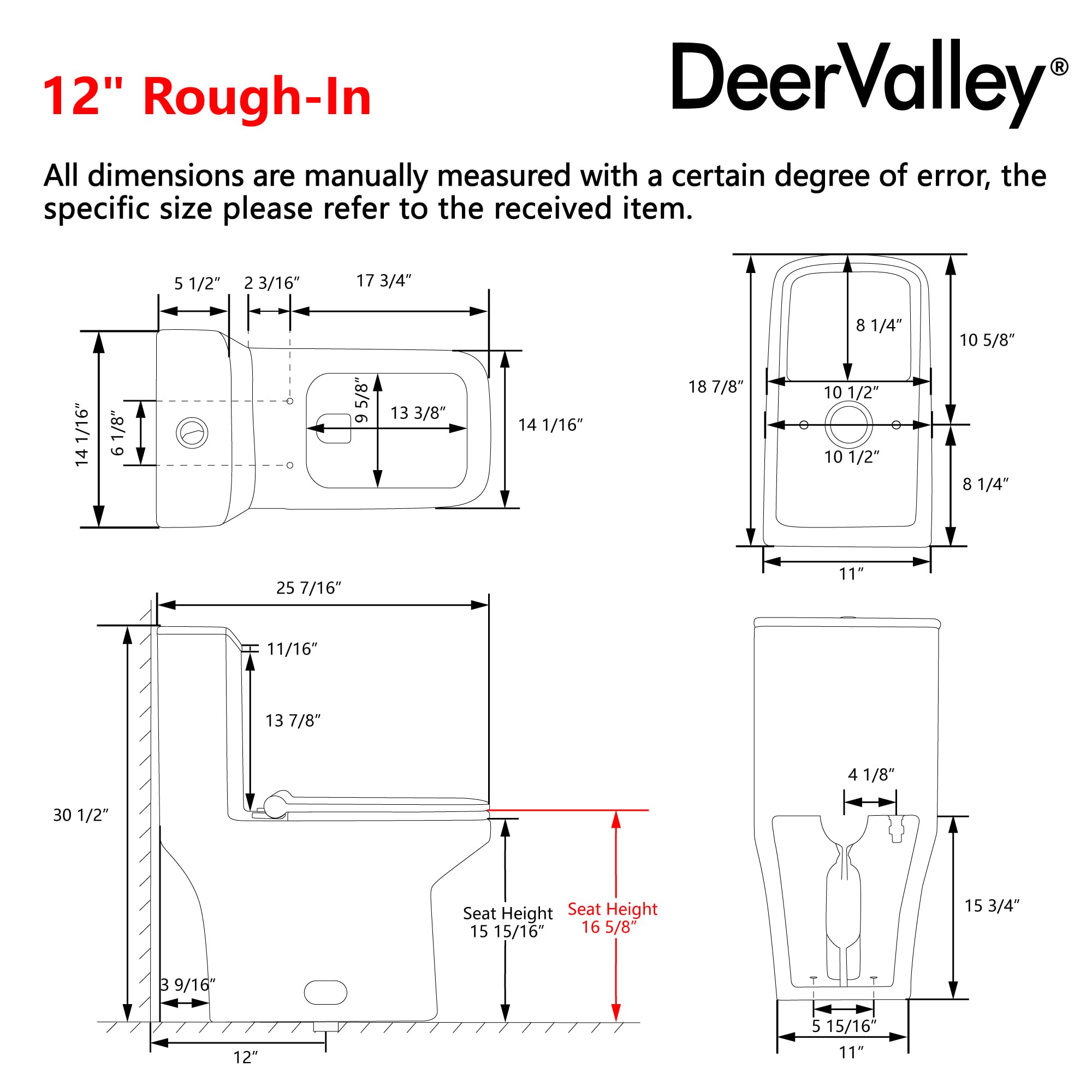 DeerValley DV-1F0071 Modern Elongated One Piece Toilet - 1.1/1.6 GPF Dual Flush, 12