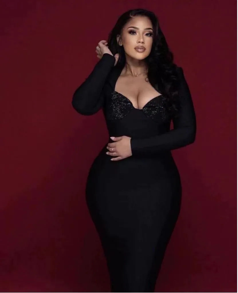 Sexy Black & Red Rhinestone Bodycon Bandage Dress for Women - Long Sleeve Square Neck Club Party Dress | Perfect for Nightclub, Cocktail Parties & Special Celebrations