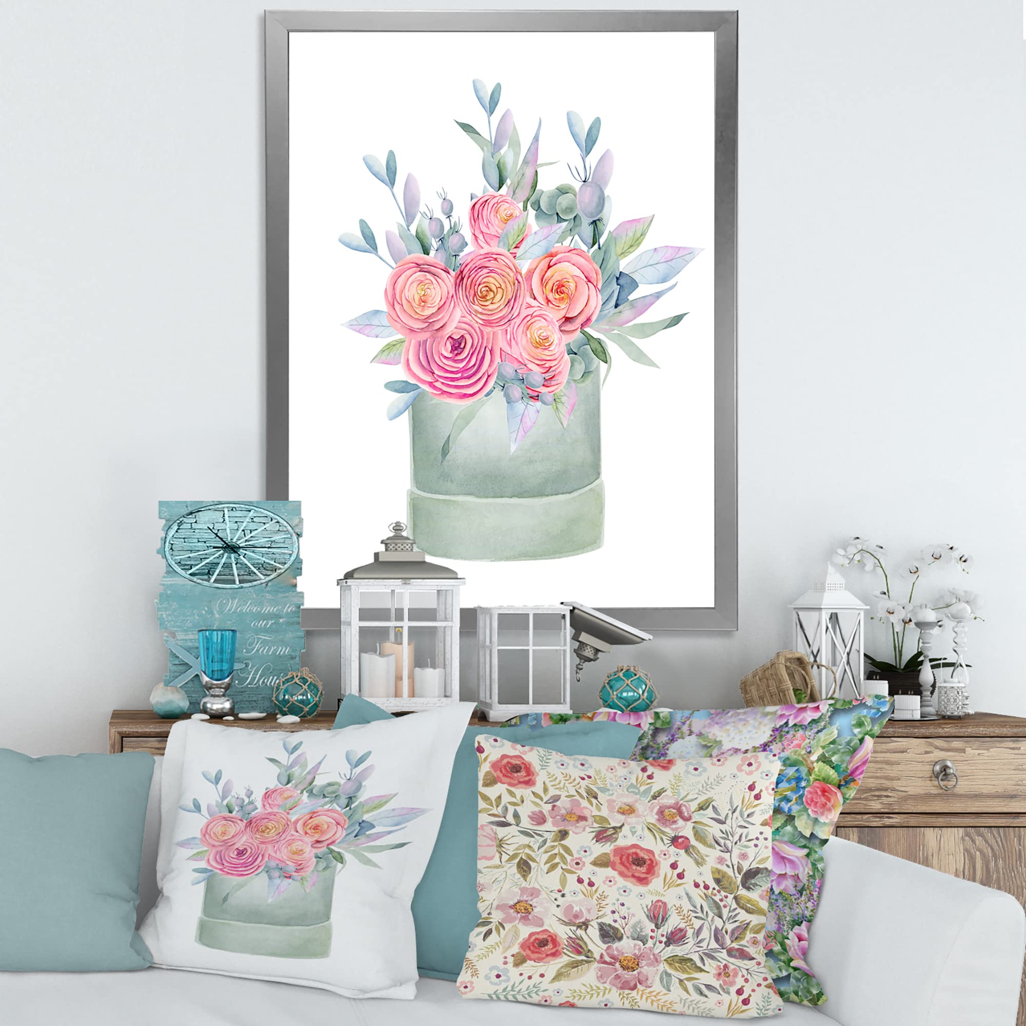 Farmhouse Framed Wall Art with Pink Roses - Elegant Home Decor Gift Box for Living Room, Bedroom & Office