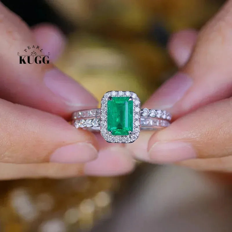 18K White Gold Diamond & Emerald Ring for Women - Elegant Fashion Jewelry with Real Natural Stones - Perfect for Parties, Weddings & Special Occasions