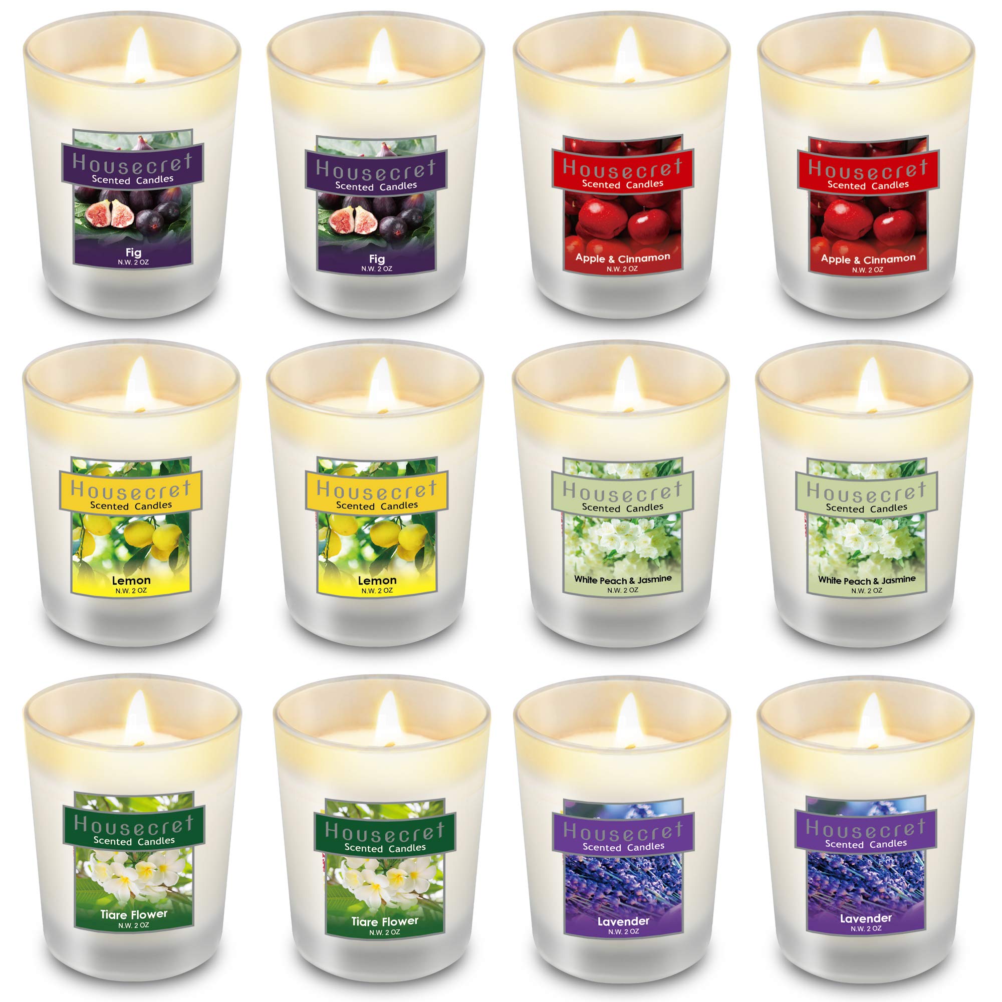 Housecret 12-Pack Strong Scented Soy Wax Candles Gift Set - 6 Aromatherapy Fragrances for Home Relaxation, Spa & Meditation | Glass Jar Candles for Women, Gifts & Romantic Ambiance