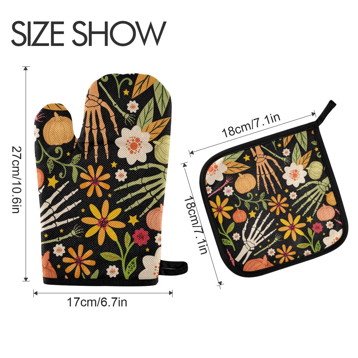 **Halloween Sugar Skull Oven Mitts & Pot Holders - 2pcs Heat Resistant Non-Slip Kitchen Potholder Set for Cooking, Baking, BBQ - Day of The Dead Decor for Spooky Season & Mexican-Themed Parties**