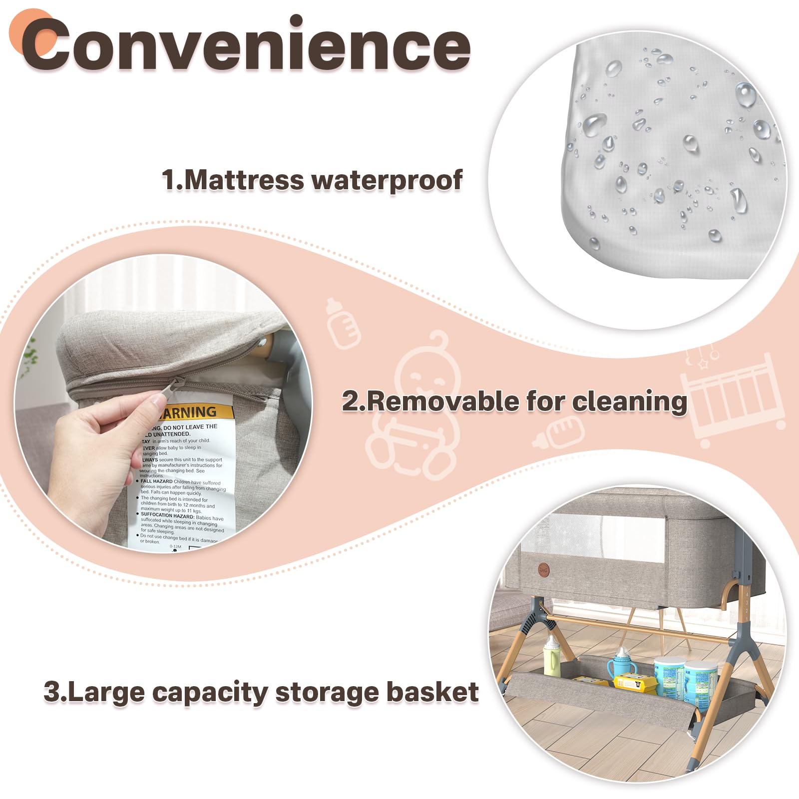 Portable Baby Bassinet with Waterproof Mattress Cover - Adjustable Height Bedside Crib with Wheels & Storage for Newborns (Warm Beige) | Perfect for Nursery, Bedroom & Travel Use