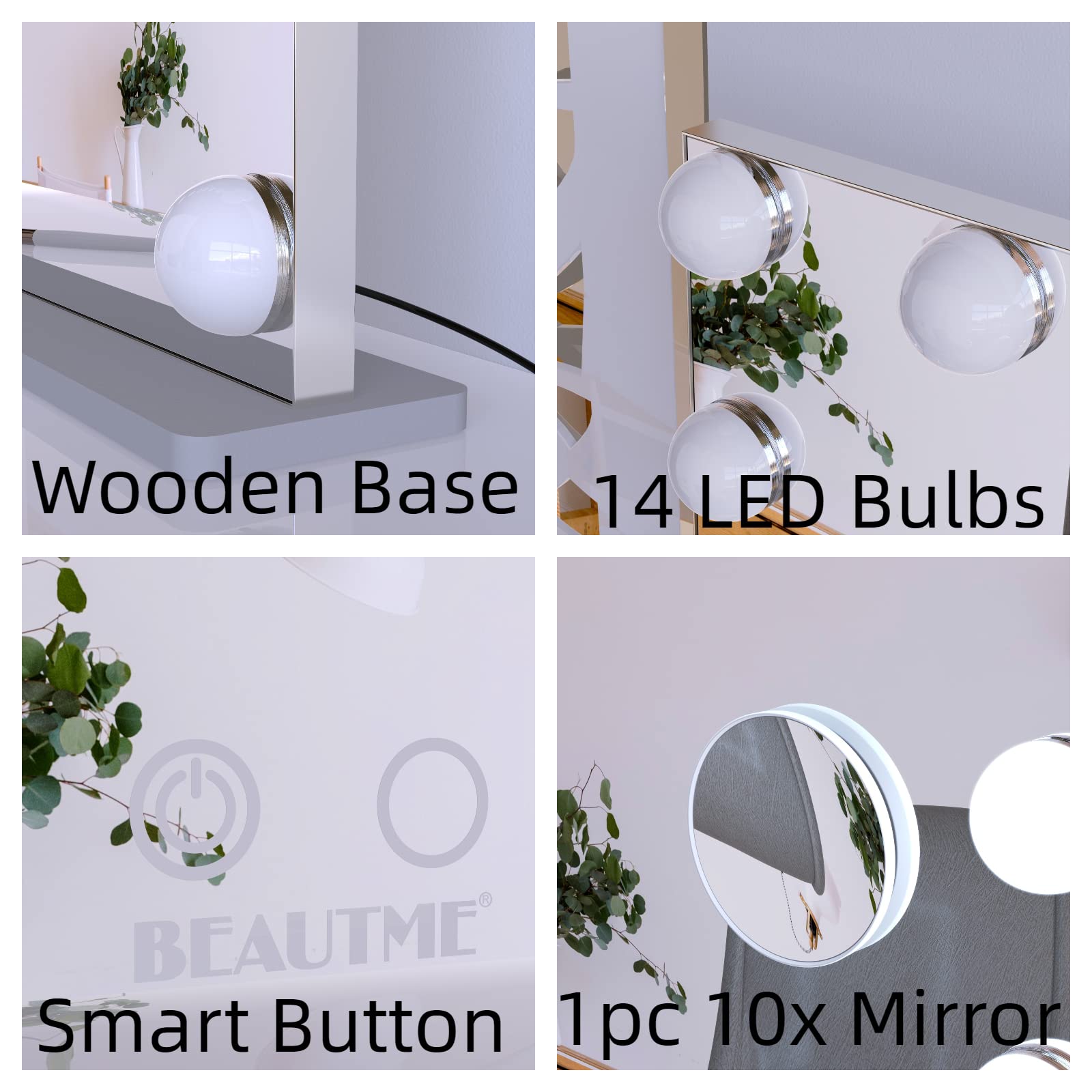 BEAUTME Hollywood Style Vanity Mirror with LED Lights - 24.4x19.7 Inch Tabletop/Wall Mounted Makeup Mirror, Detachable 10X Magnification for Precise Makeup Application - Perfect for Dressing Room, Bedroom & Bathroom Vanity (Silver)