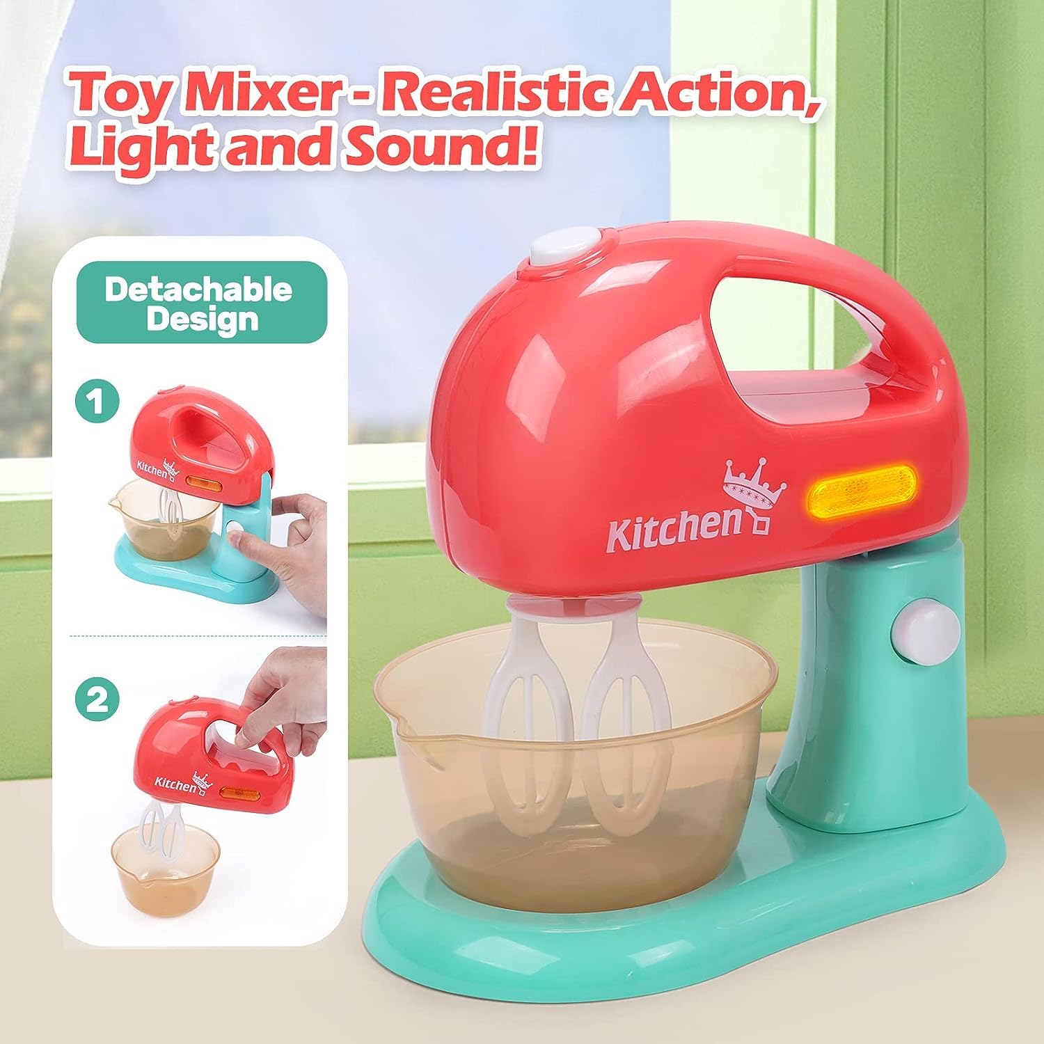 CUTE STONE Interactive Kitchen Utensils Toy Set with Sound & Light, Kids Play Kitchen Mixer, Toaster, Cutting Games, Toddler Pretend Cooking Set for Home & Preschool Learning