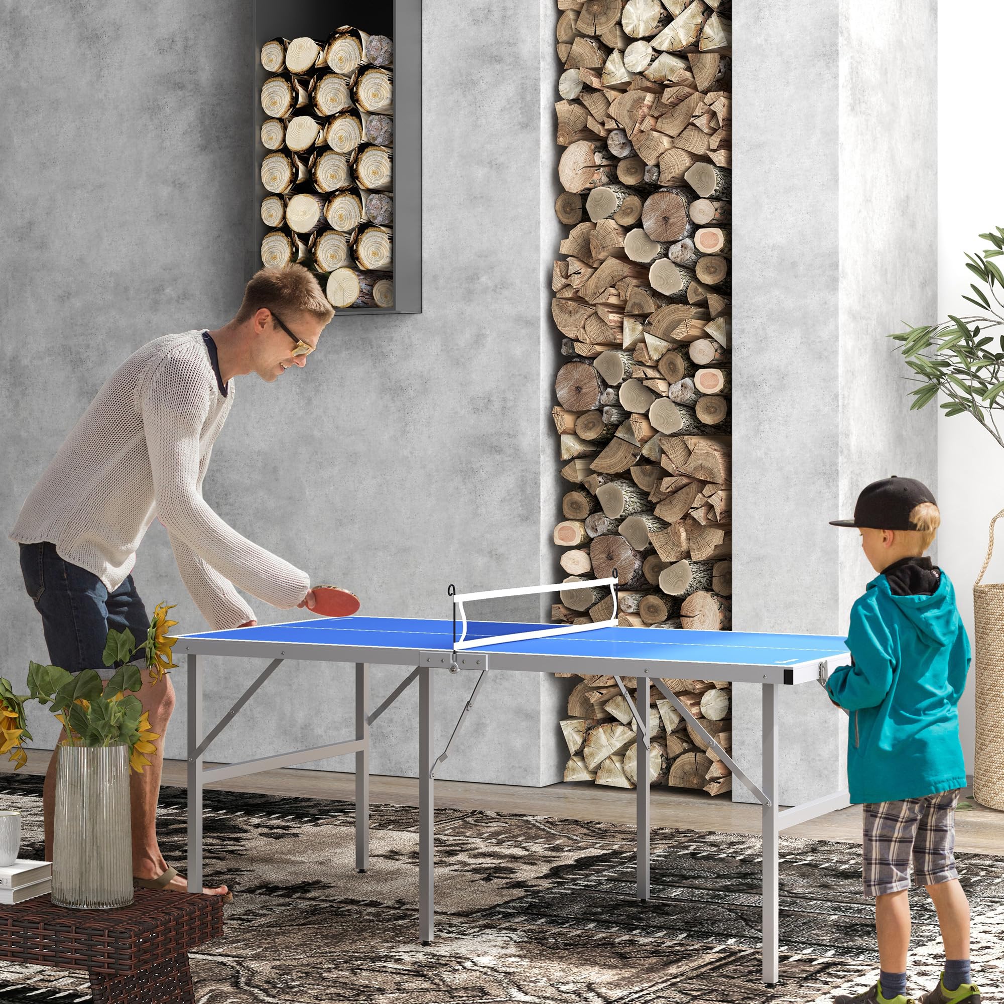 Soozier Foldable Mini Ping Pong Table Set - Indoor/Outdoor Table Tennis with Net, 2 Paddles & 3 Balls | Adjustable Feet & Easy Assembly | Perfect for Home, Office, Backyard or Game Room Fun