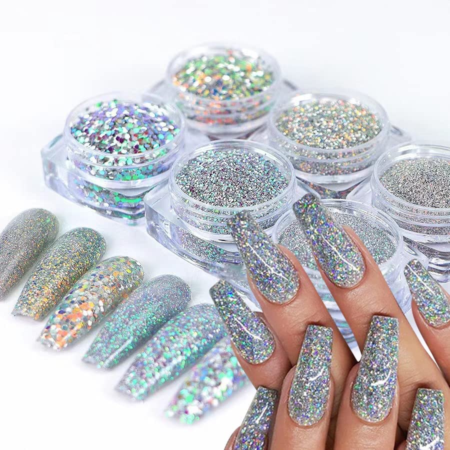 Holographic Nail Glitter Powder - Diamond Reflective Nail Art Glitter for Women & Girls - Shiny Silver, Blue, Purple, Gold Pigment - Perfect for Manicures, Nail Art Designs & Party Nail Decorations