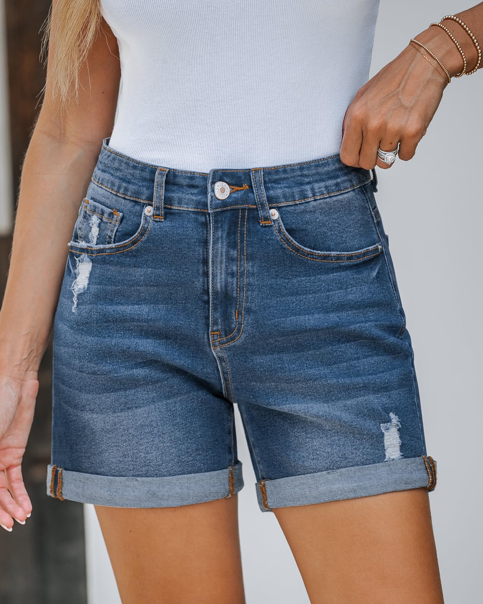 LookbookStore Women's Stretchy High Waisted Ripped Denim Shorts with Pockets - Trendy Distressed Cut Off Jean Shorts for Summer Outfits & Casual Wear