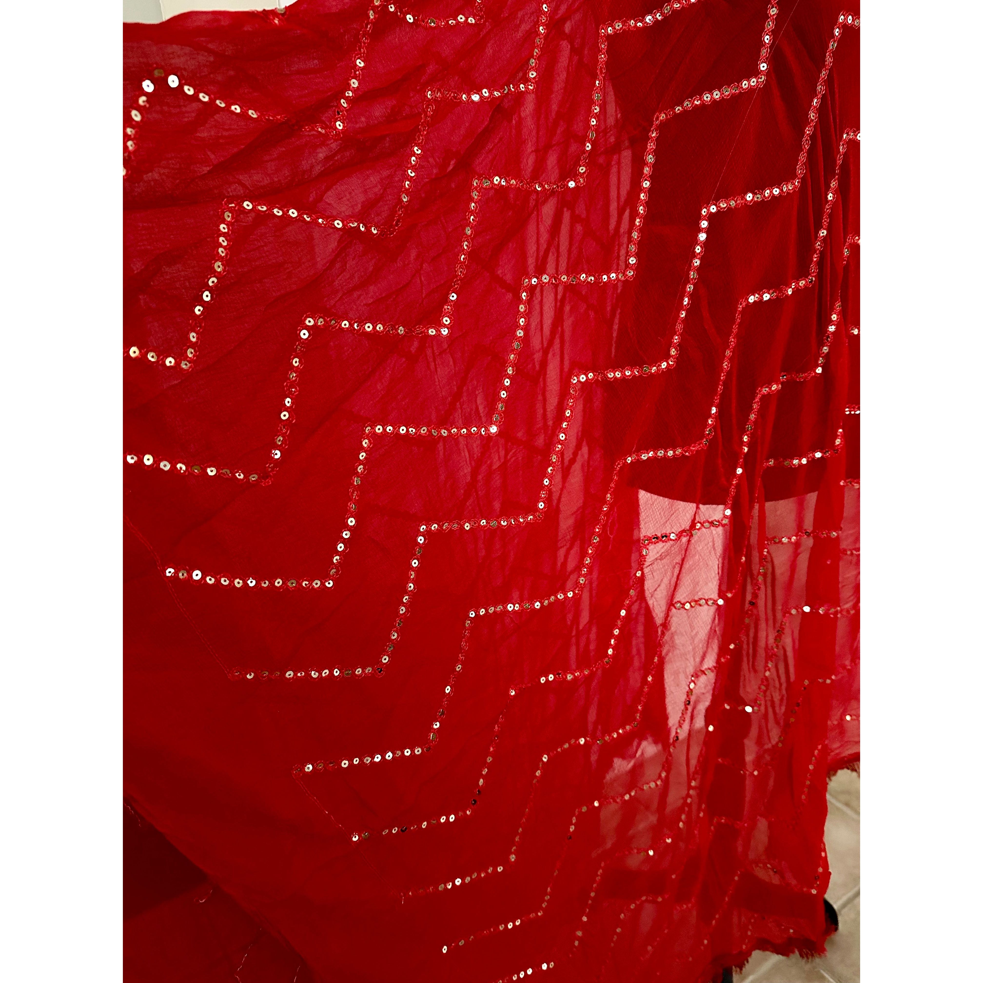 Elegant Red Dupatta with Gold Sequins - Traditional Indian Scarf for Women - Perfect for Weddings, Parties & Festive Occasions