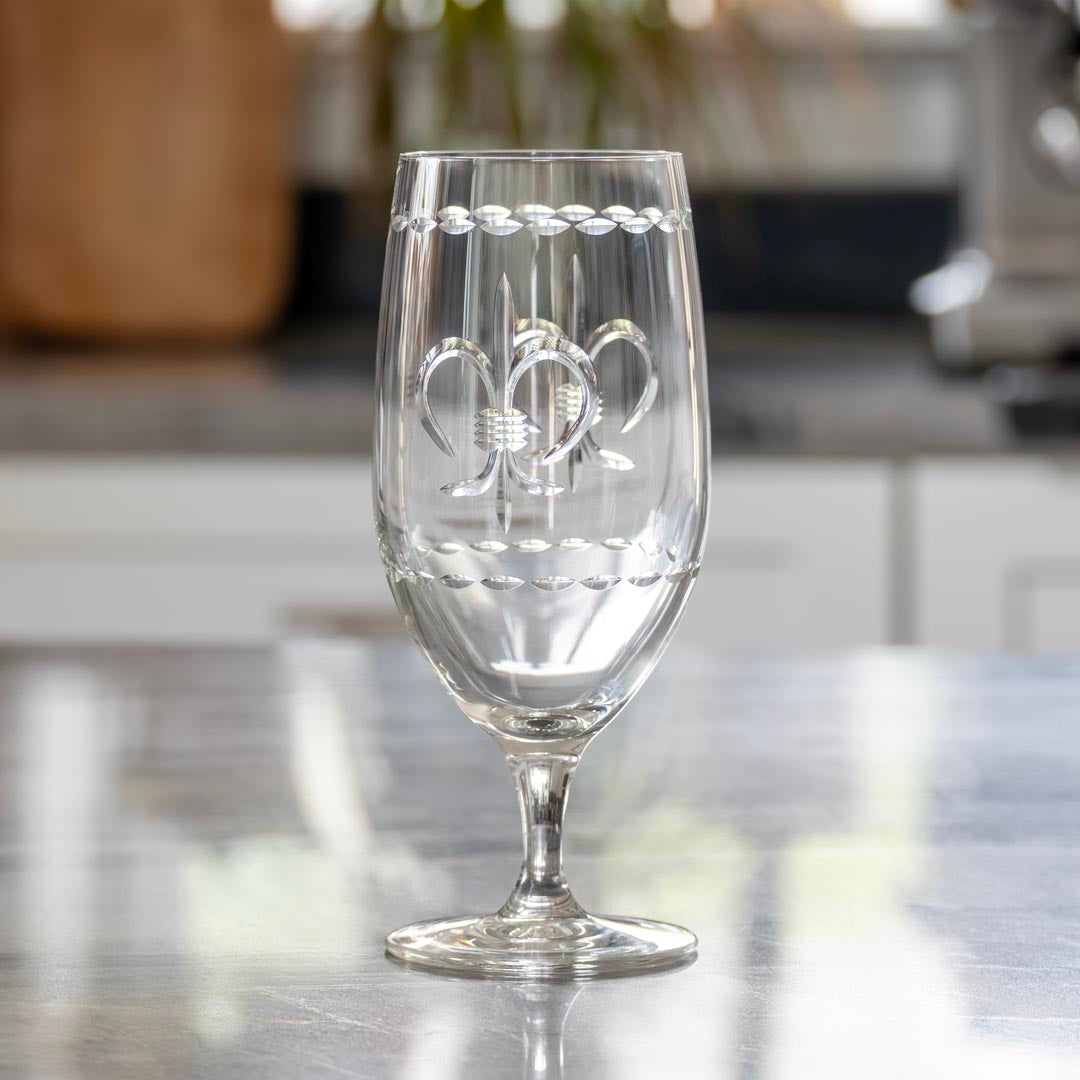 Fleur De Lis 16oz Footed Iced Tea Glasses Set of 4 - Elegant Drinking Glasses for Summer Beverages, Iced Coffee, Lemonade & Sweet Tea - Perfect for Parties, Picnics & Outdoor Entertaining
