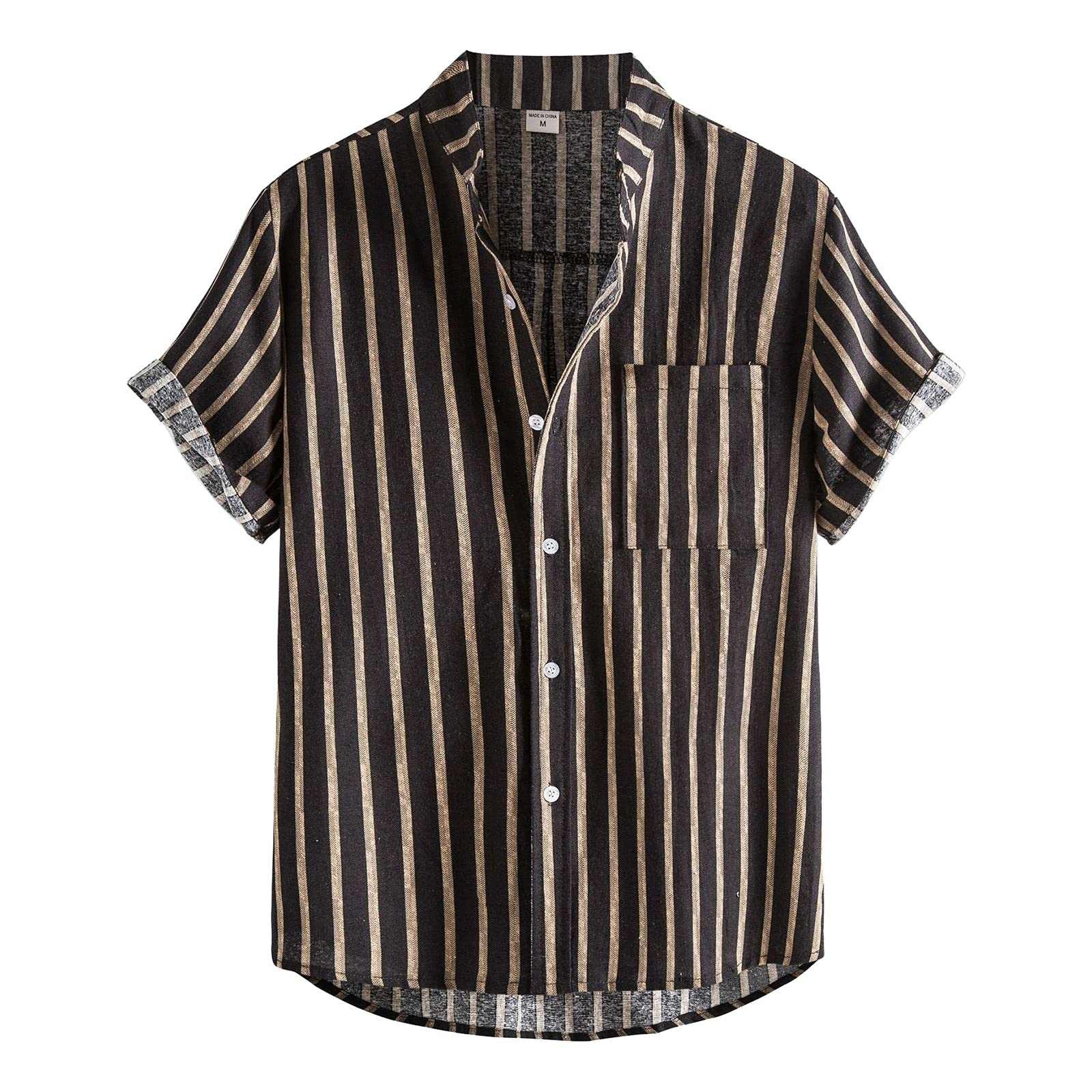 Men's Printed Summer Striped Cotton Short-Sleeve Linen Button-Up Shirt for Tall Men - Casual Beach Wear & Outdoor Vacation Style