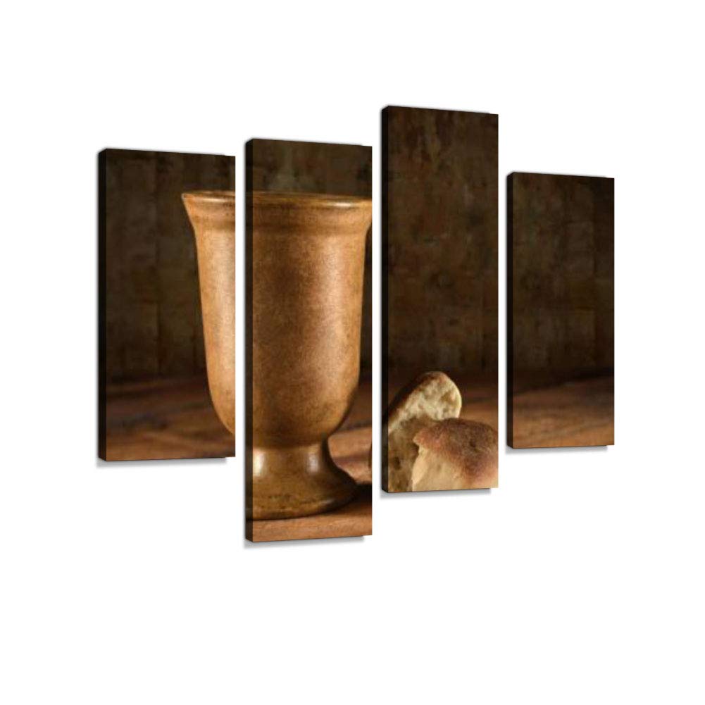 Modern Abstract Wine Goblet & Bread Canvas Wall Art - 4 Panel Framed Painting Set for Kitchen, Dining Room Decor | Unique Home Decoration Gift Idea