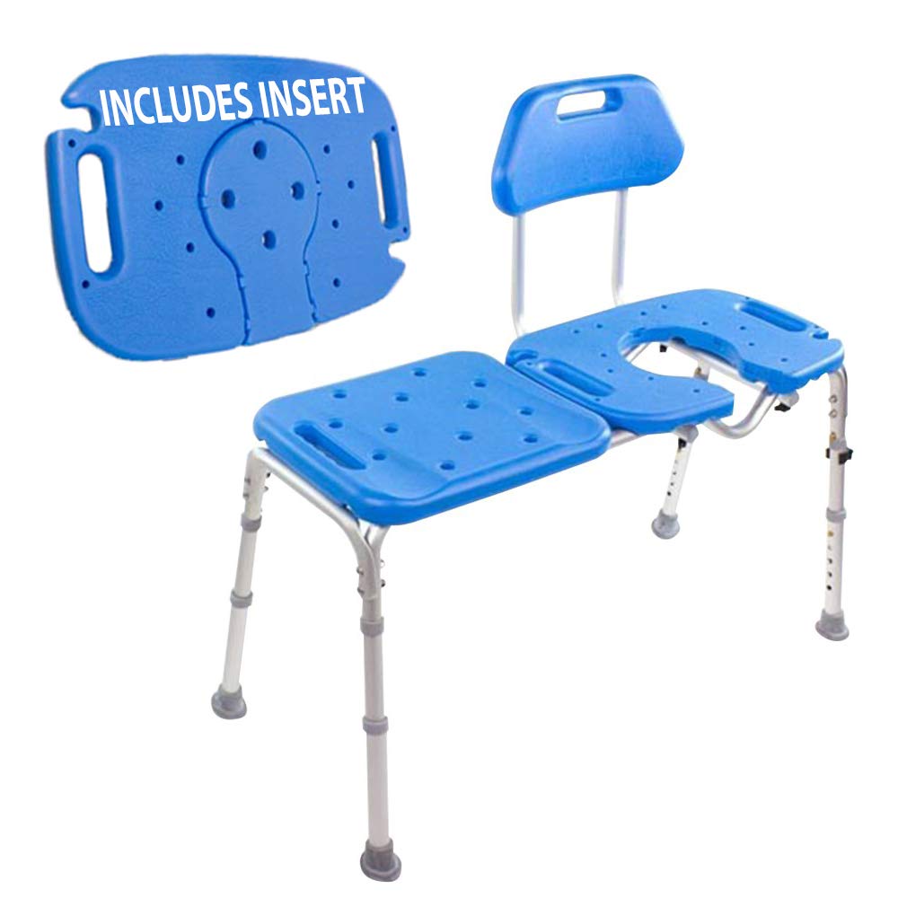 Platinum Health Bath Transfer Bench with Cutout Shower Seat - Adjustable Height Deluxe Shower Chair for Seniors & Elderly - All-Access Tub Transfer Seat with Removable Insert - Ideal for Safe Bathing & Showering Assistance (Blue)