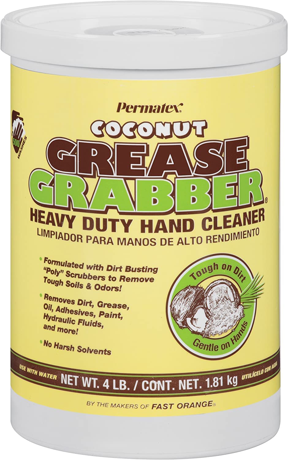 Permatex 14106 Heavy Duty Coconut Hand Cleaner - 4 lbs. Grease Grabber for Mechanics, DIY & Industrial Use - Perfect for Garage, Workshop & Auto Repair