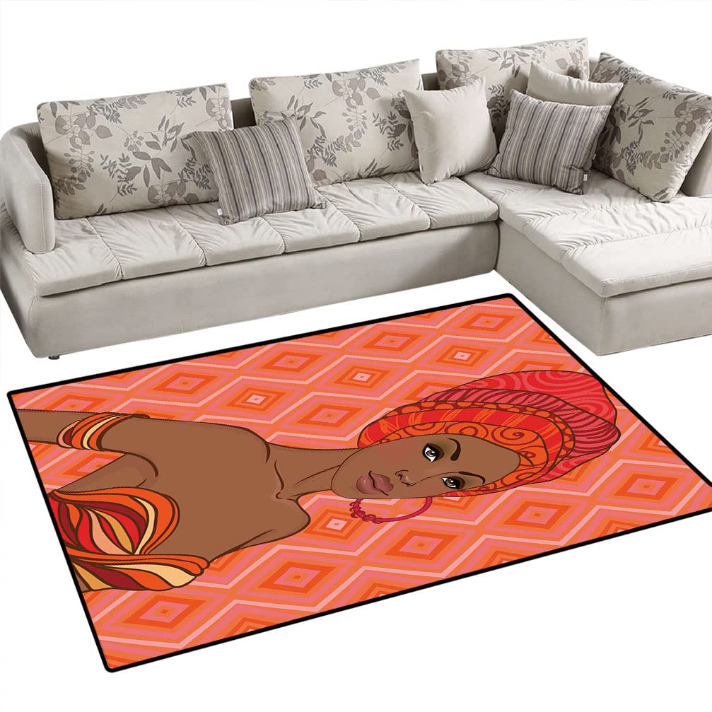 African Print Area Rug 4x5 ft - Portrait of Beautiful African Woman Tribal Design - Non-Slip Living Room & Bedroom Decor Rug in Scarlet Umber - Perfect for Boho Chic, Ethnic Home Decor & Cultural Statement Pieces