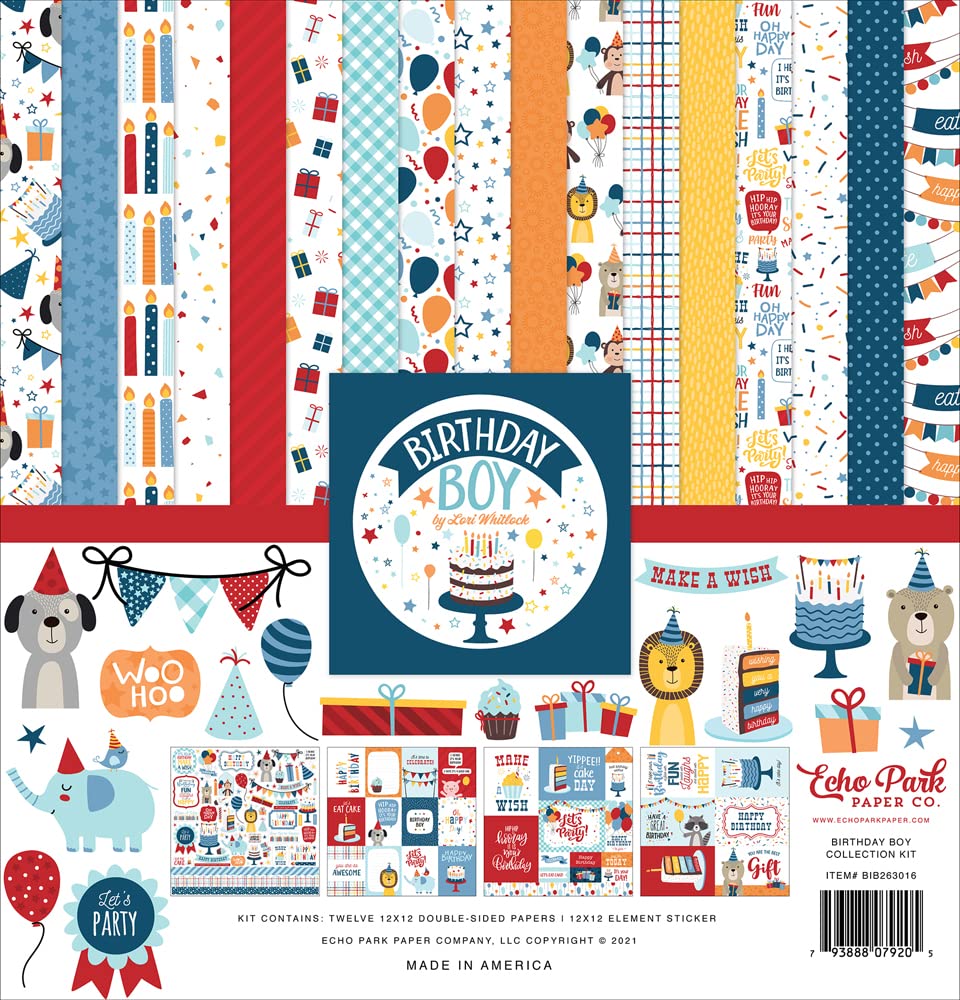 Echo Park Paper Collection Bundle - Birthday Boy 12x12 Scrapbook Kit with Cardstock Elements & Sticker Sheets | Perfect for DIY Birthday Cards, Scrapbooking, and Party Decorations