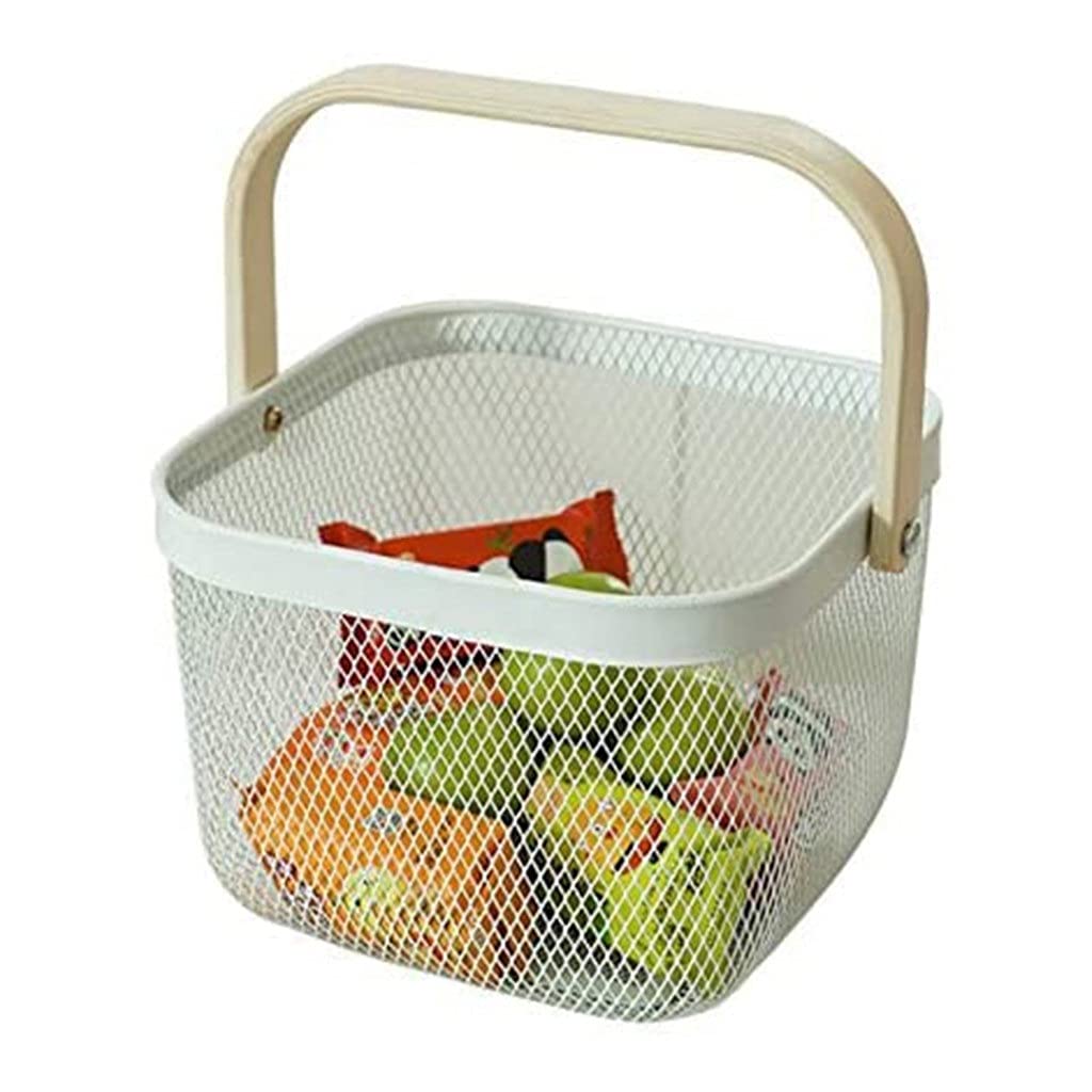 White Metal Wire Storage Basket with Wood Handle - Kitchen & Home Organizer for Fruits, Picnic, Bathroom & Office Supplies | Durable Mesh Steel Basket for Organization & Decoration