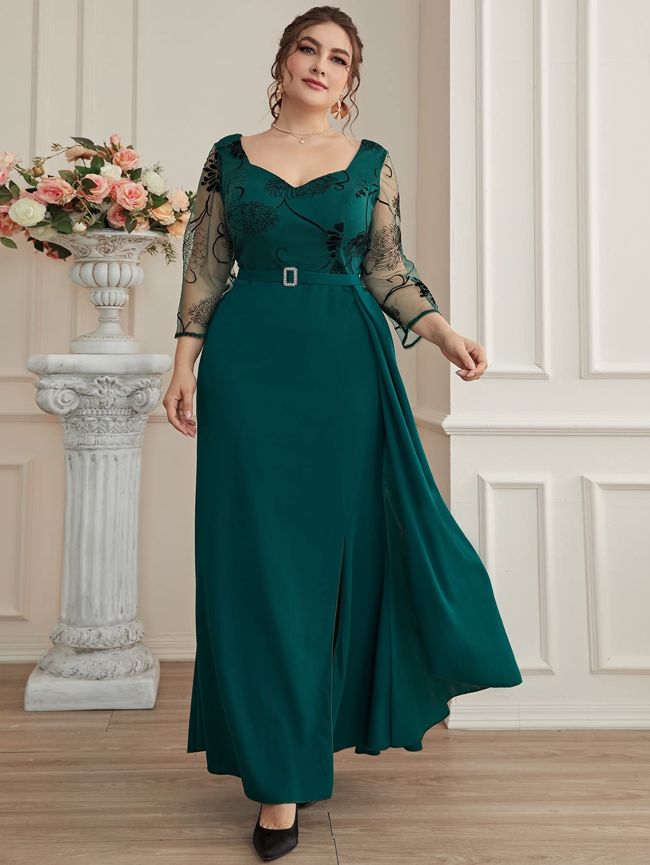 HUFFA Plus Size Women's Elegant Long Sleeve Dress with Floral Mesh & Rhinestone Decor - Sweetheart Neck Contrast Design (Dark Green, 4X-Large) | Perfect for Weddings, Parties & Special Occasions
