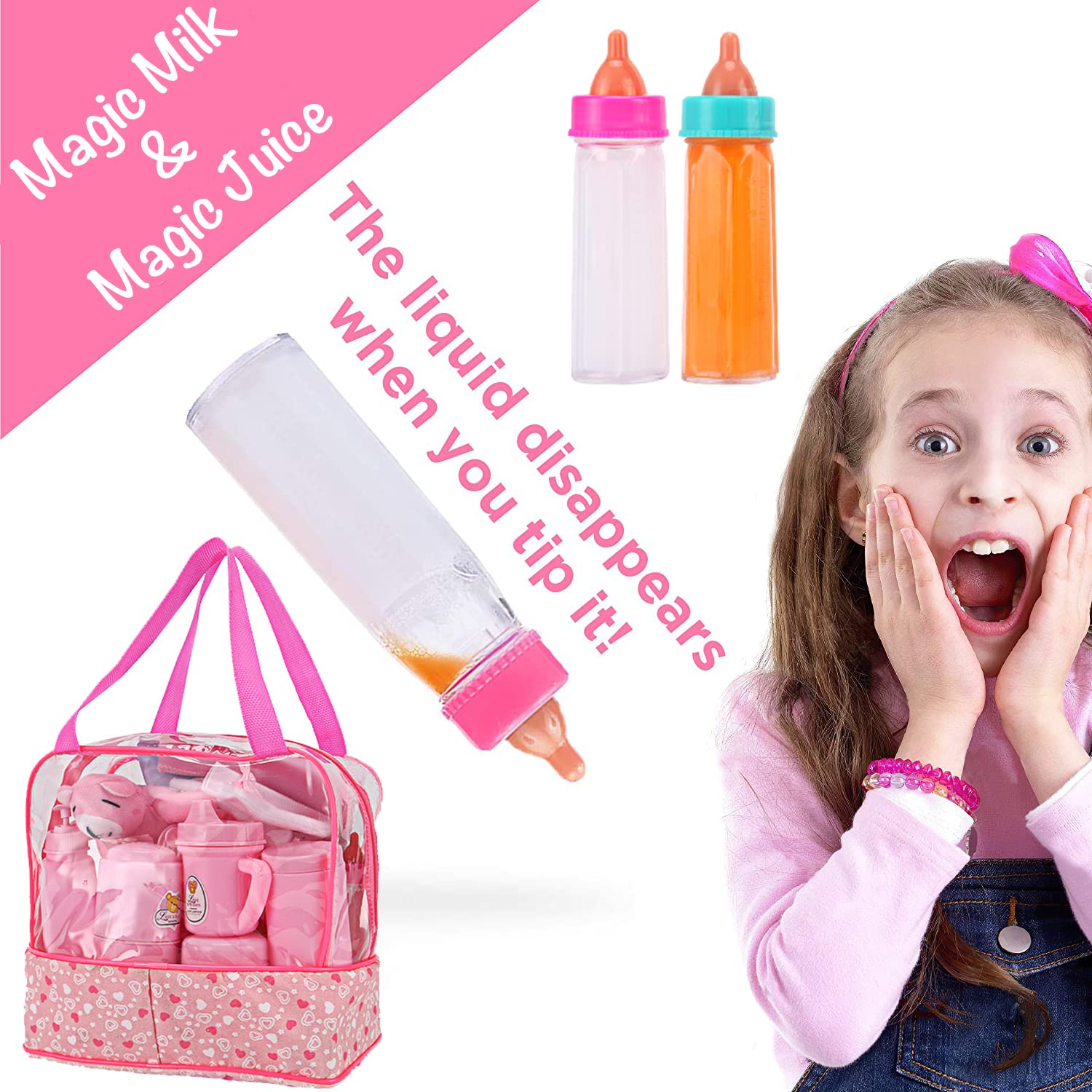 28-Piece Baby Doll Accessories Complete Car Set - Pretend Play Feeding Kit for Toddlers & Girls with Magic Milk Bottles & Storage Bag | Perfect for Role Play, Daycare & Preschool Learning Activities