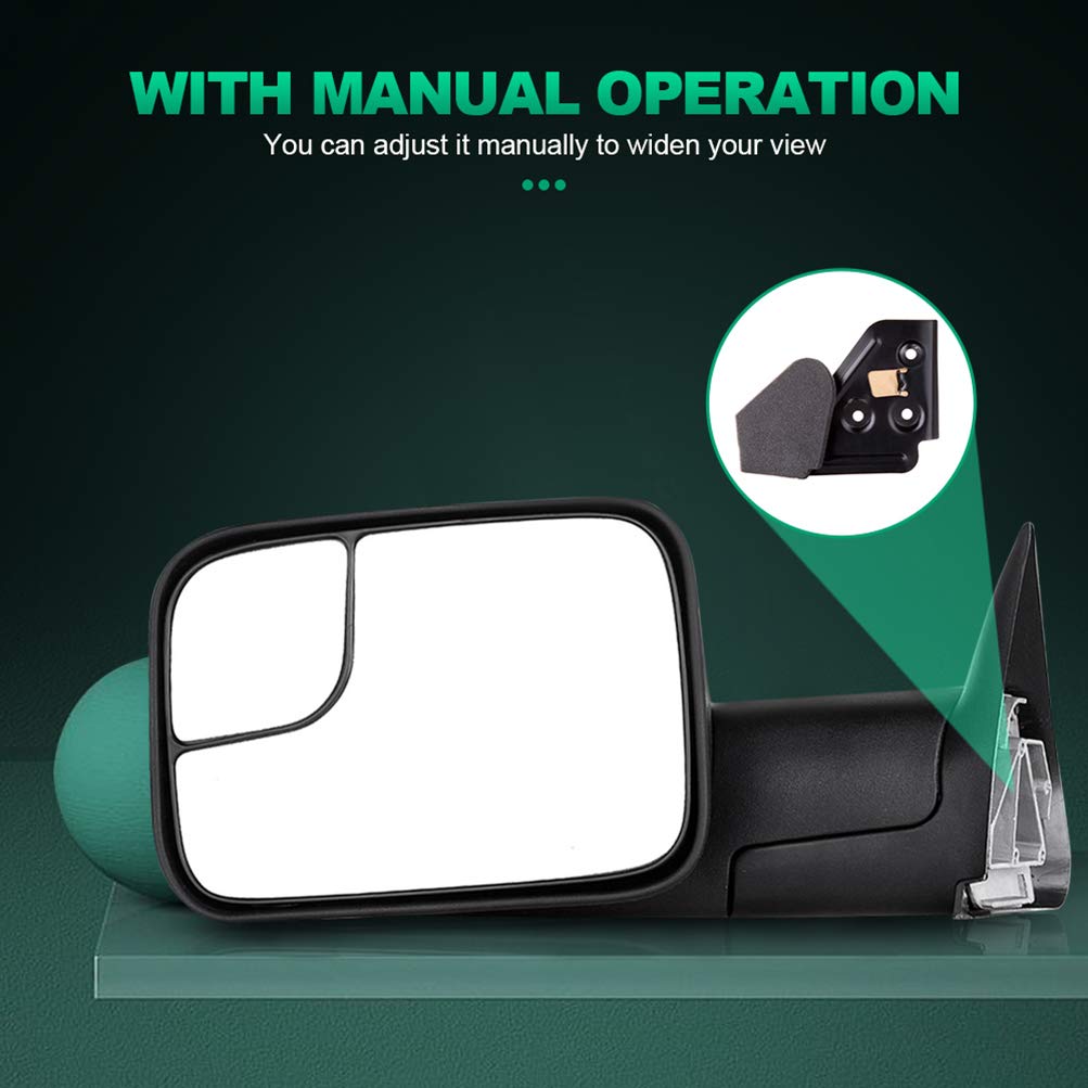 AUTOMUTO Manual Control Towing Mirrors - Black Non-Heated No-Turn Signal for Dodge Ram 1500/2500/3500 (1994-2002) - Driver & Passenger Side Tow Mirrors | Perfect for Towing Trailers, Boats & Heavy Loads