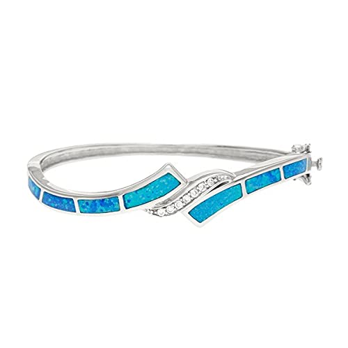 Elegant Sterling Silver Blue Inlay Opal Bracelet with Clear CZ Wavy Bangle - Perfect for Weddings, Parties & Everyday Wear