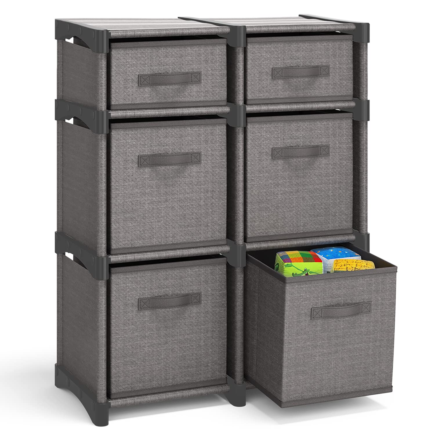 6-Cube Storage Organizer Shelf with Bins - Sturdy Gray Fabric Cube Shelves for Bedroom, Playroom, Office & Dorm - Perfect for Organizing Toys, Books, Clothes & Home Decor Accessories