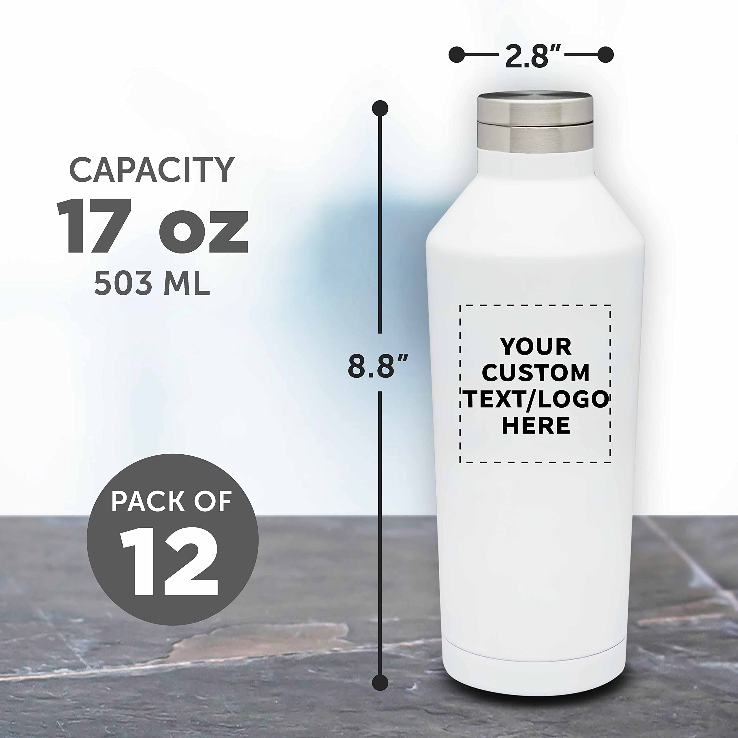 Custom Stainless Steel Water Bottles 17 oz (12 Pack) - Double Wall Insulated, Personalized Bulk Promotional Drinkware - Keeps Coffee, Tea, Soda Hot & Cold - Perfect for Office Gifts, Corporate Events, Gym & Outdoor Activities - White