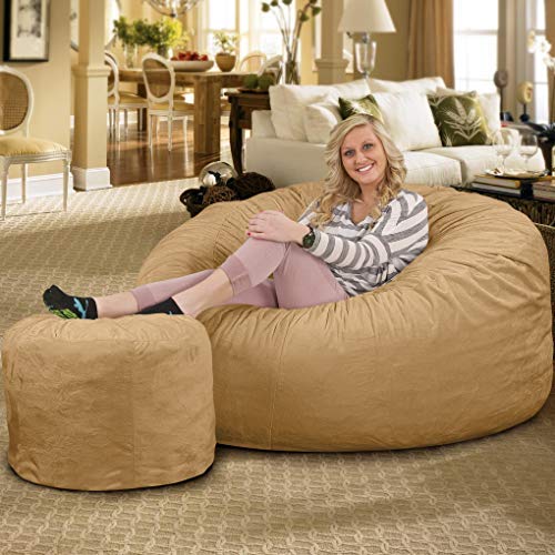 ULTIMATE SACK 5ft Oversized Bean Bag Chair & Footstool for Adults - Premium Camel Suede Lounge Furniture for Living Room, Bedroom, Dorm & Game Room