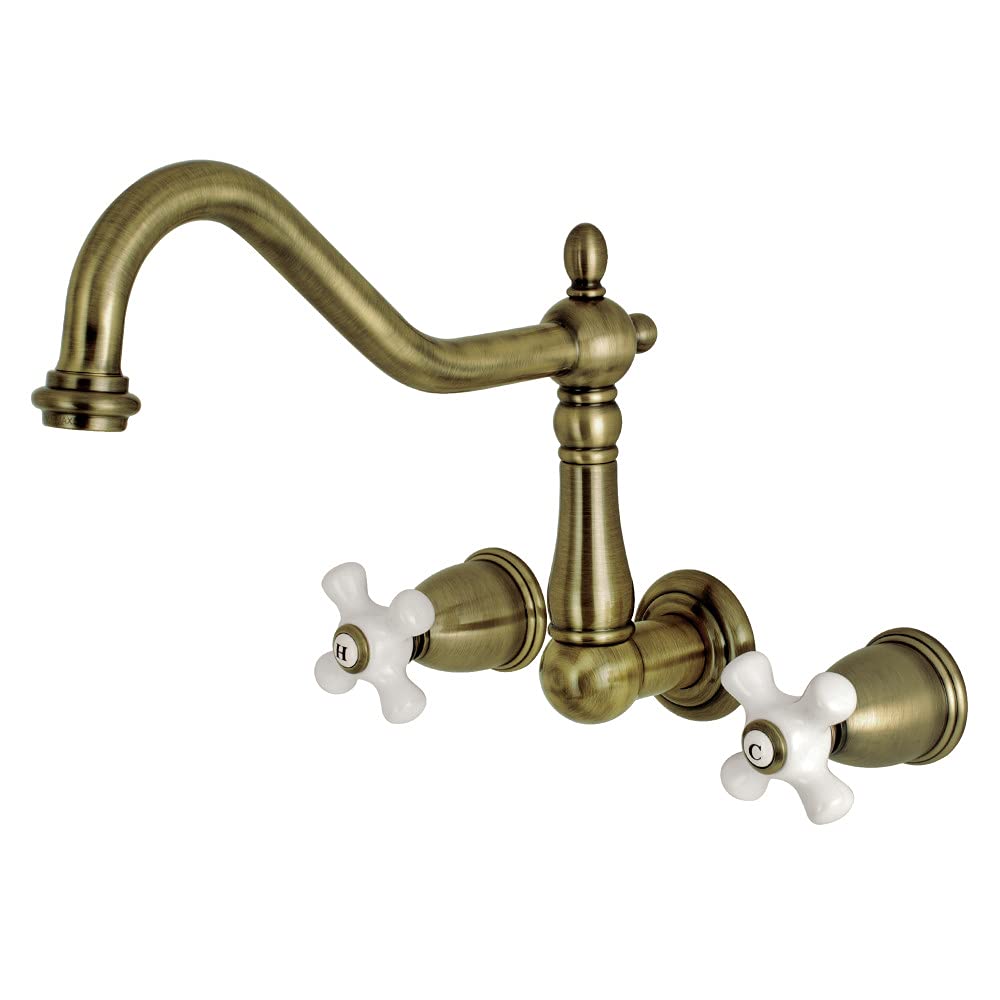 Kingston Brass KS1283PX Wall Mount Kitchen Faucet in Antique Brass - Perfect for Farmhouse, Vintage, and Rustic Style Kitchens