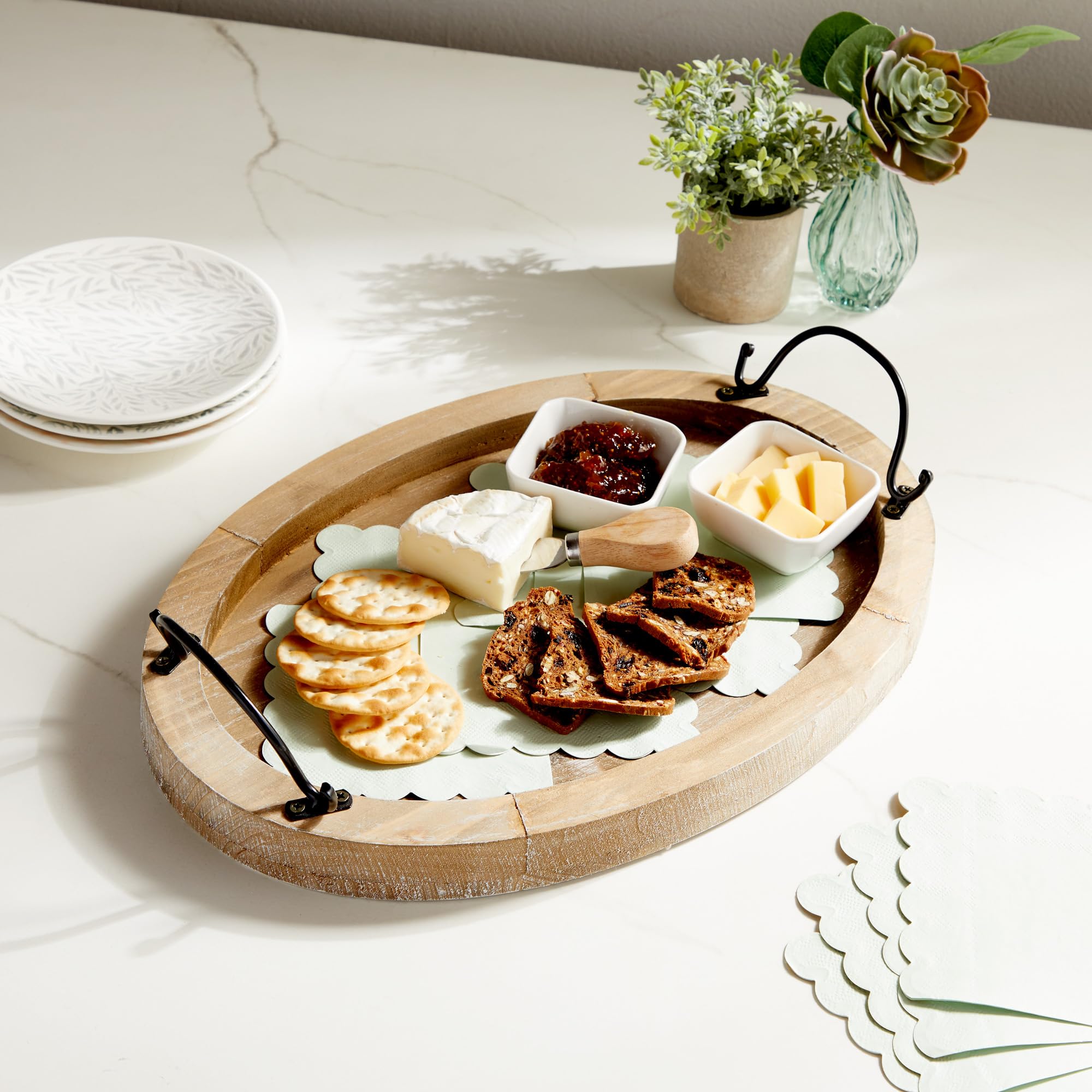 Handcrafted Wooden Serving Tray with Handles - 16x11 Inch Oval Wood Platter for Coffee Table Decor, Farmhouse Style Home Accessories - Perfect for Breakfast in Bed, Tea Service & Living Room Organization