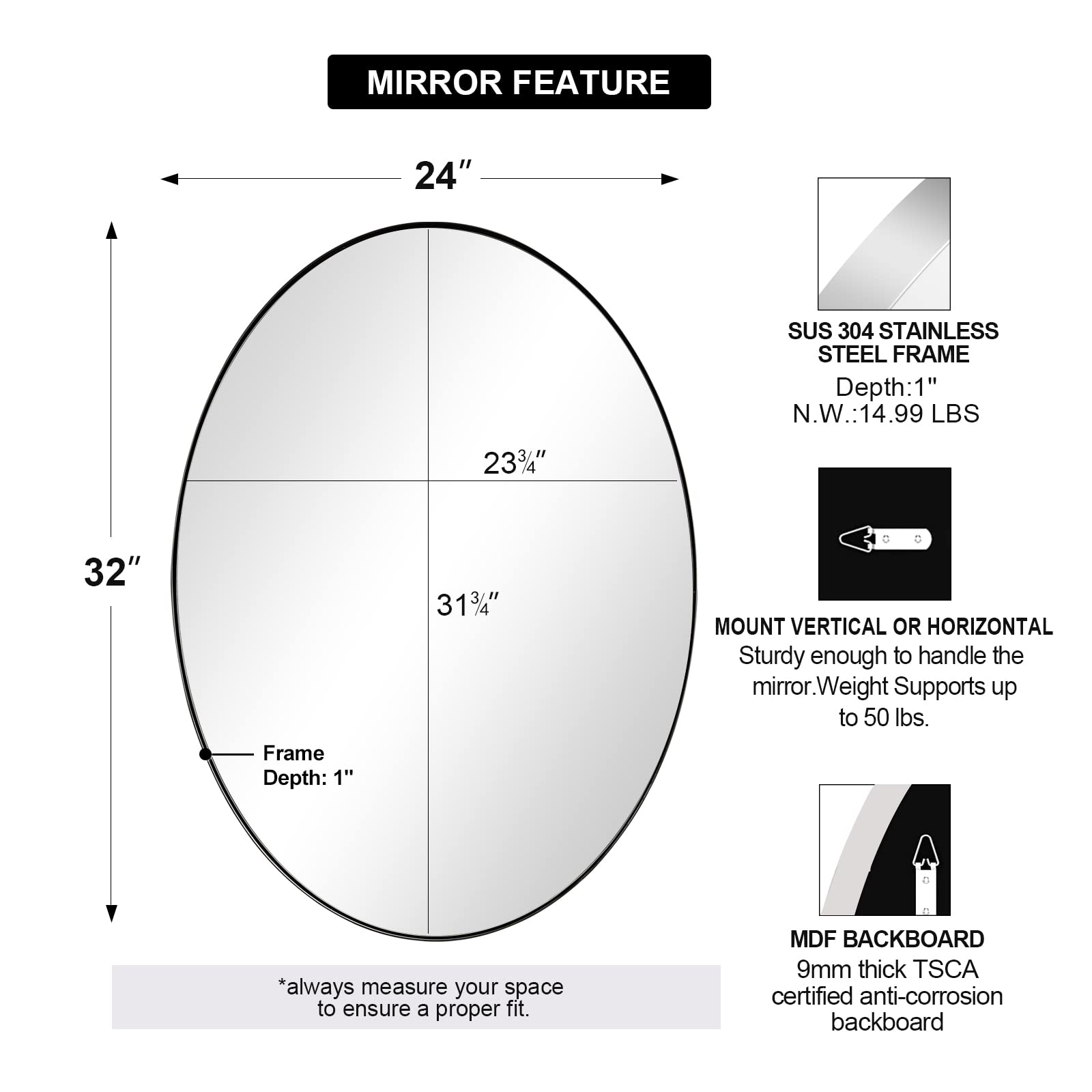 ANDY STAR 24x32 Inch Polished Chrome Oval Bathroom Mirror - Modern Stainless Steel Wall Mirror with Pill Shape Design | Perfect for Vanity, Powder Room & Contemporary Home Decor