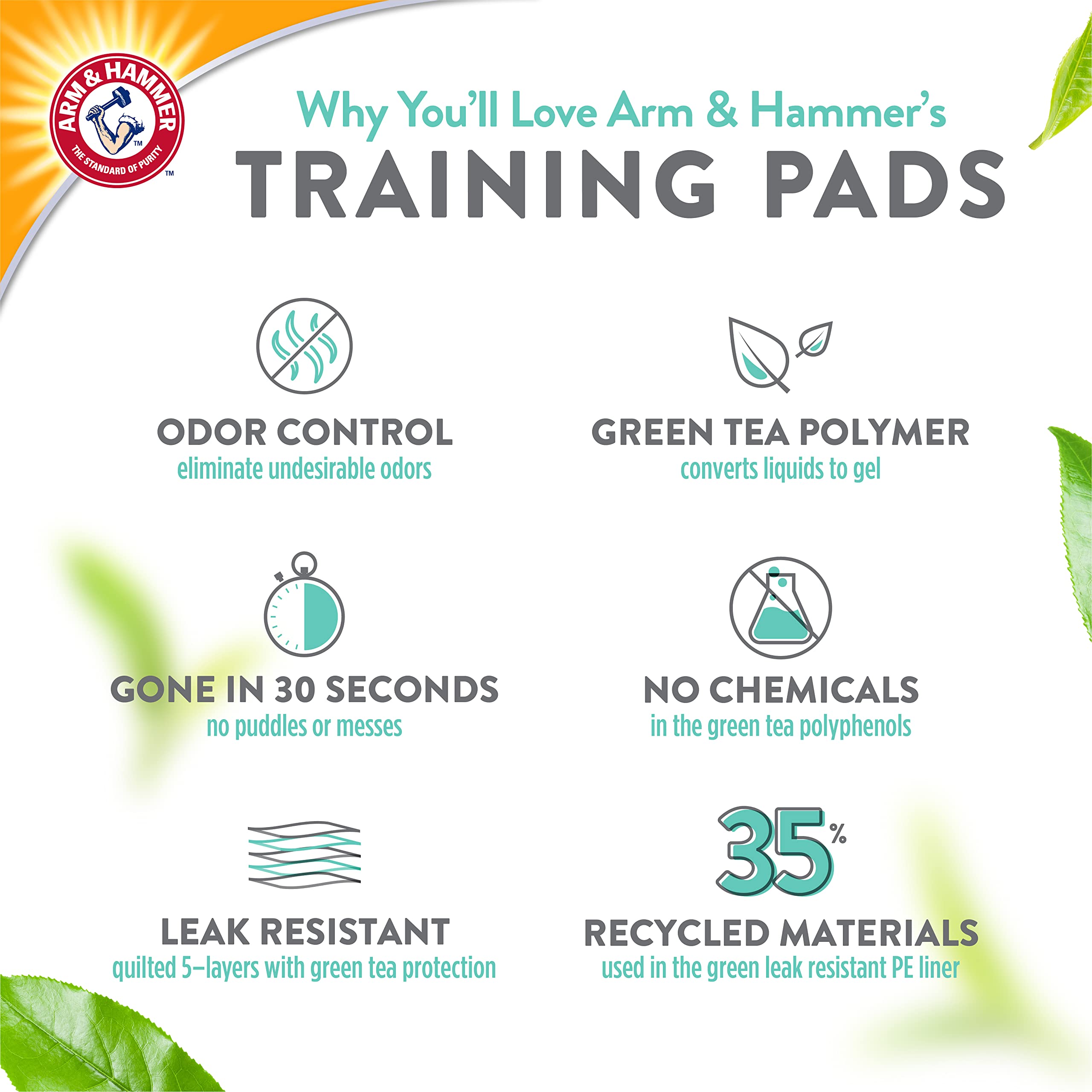 Arm & Hammer Green Tea Scented Dog Training Pads - Super Absorbent Leakproof Puppy Pads with Baking Soda for 2X Odor Control, XL Size (180 Count, Pack of 6) - Ideal for Housebreaking, Crate Training & Travel Use