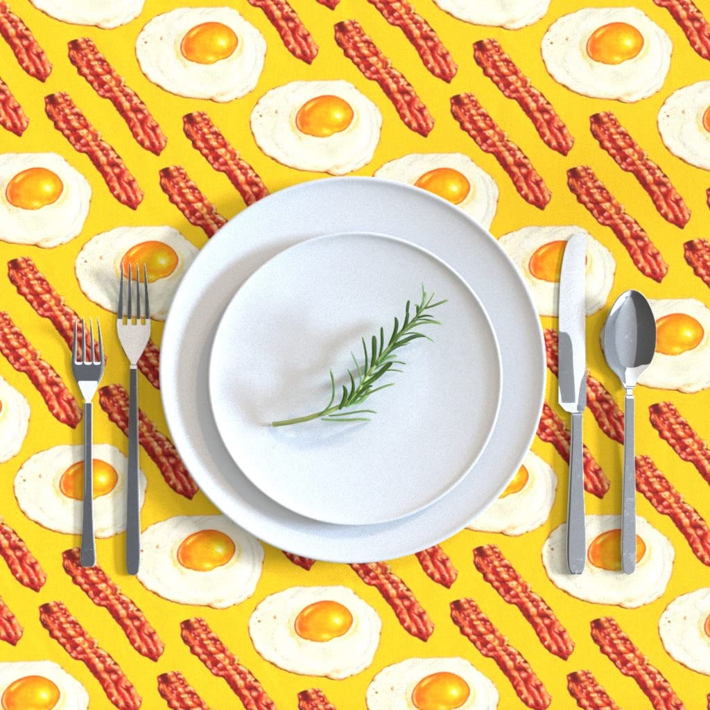 Custom Printed Spoonflower Cotton Sateen Tablecloth 70x90 Inches - Vibrant Yellow Bacon & Eggs Breakfast Food Design for Dining Room Decor, Kitchen Table Covering, and Retro-Themed Parties