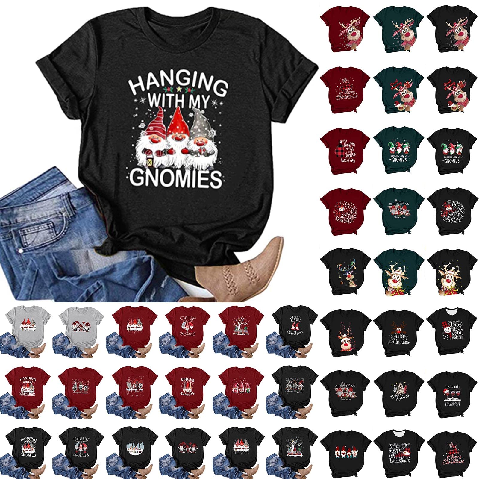 Funny Christmas Gnome & Reindeer Graphic Printed T-Shirt for Women - Trendy Short Sleeve Holiday Tee for Xmas Parties, Gift Exchanges & Festive Family Gatherings