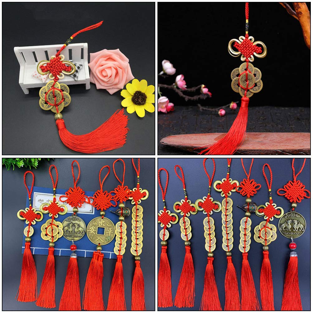 2pcs Feng Shui Coin Pendant with Chinese Knot - Lucky Charm Car Ornament for Rearview Mirror, Tassel Hanger, Home Decor - Chinese Style Copper Coins for Car, Office & Gift Giving