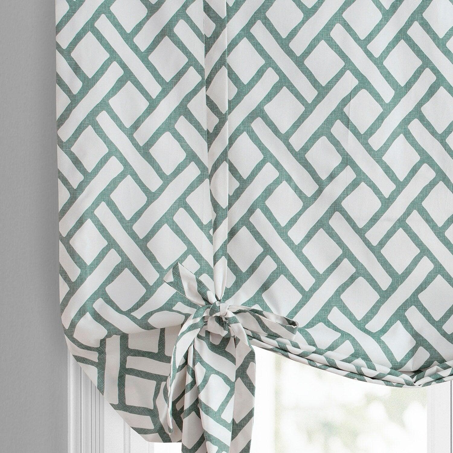 Slate Blue Geometric Printed Cotton Room Darkening Tie Up Window Shade - Perfect for Bedroom, Nursery & Home Decor | Blackout Curtain for Privacy & Light Control