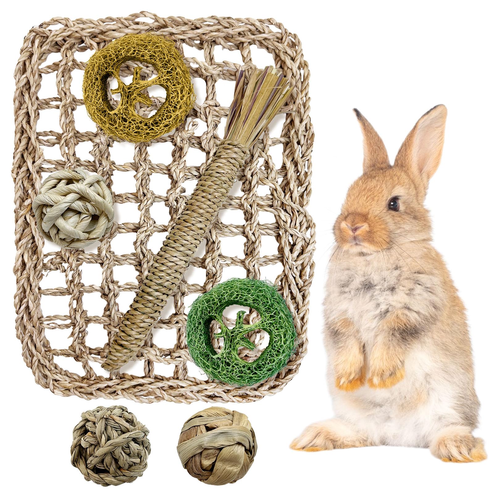 Hamiledyi Natural Seagrass Rabbit Chew Toy - Hanging Bunny Activity Mat for Teeth & Enrichment | Small Animal Toys for Chinchillas, Guinea Pigs, Hamsters, Rats | Perfect for Cage Hanging & Playtime Stimulation