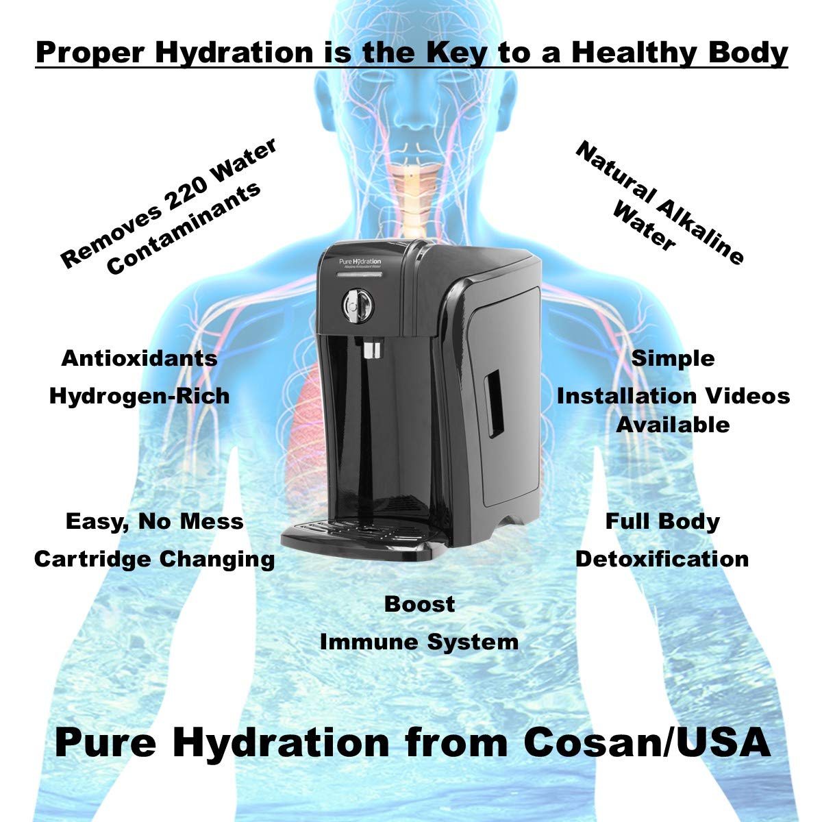 Pure Hydration Alkaline Water Machine - High pH Water Ionizer for Home & Office - Improve Hydration & Wellness - Perfect for Drinking, Cooking & Healthy Lifestyle