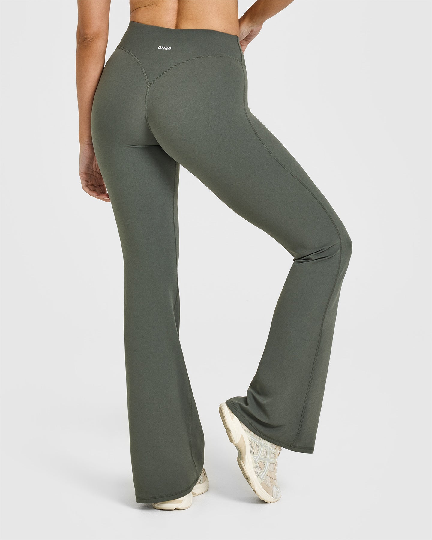 SoftMotion™ Flared Yoga Pants for Women - Dark Khaki | High Waisted Stretchy Workout Leggings | Perfect for Yoga, Gym & Lounge Wear