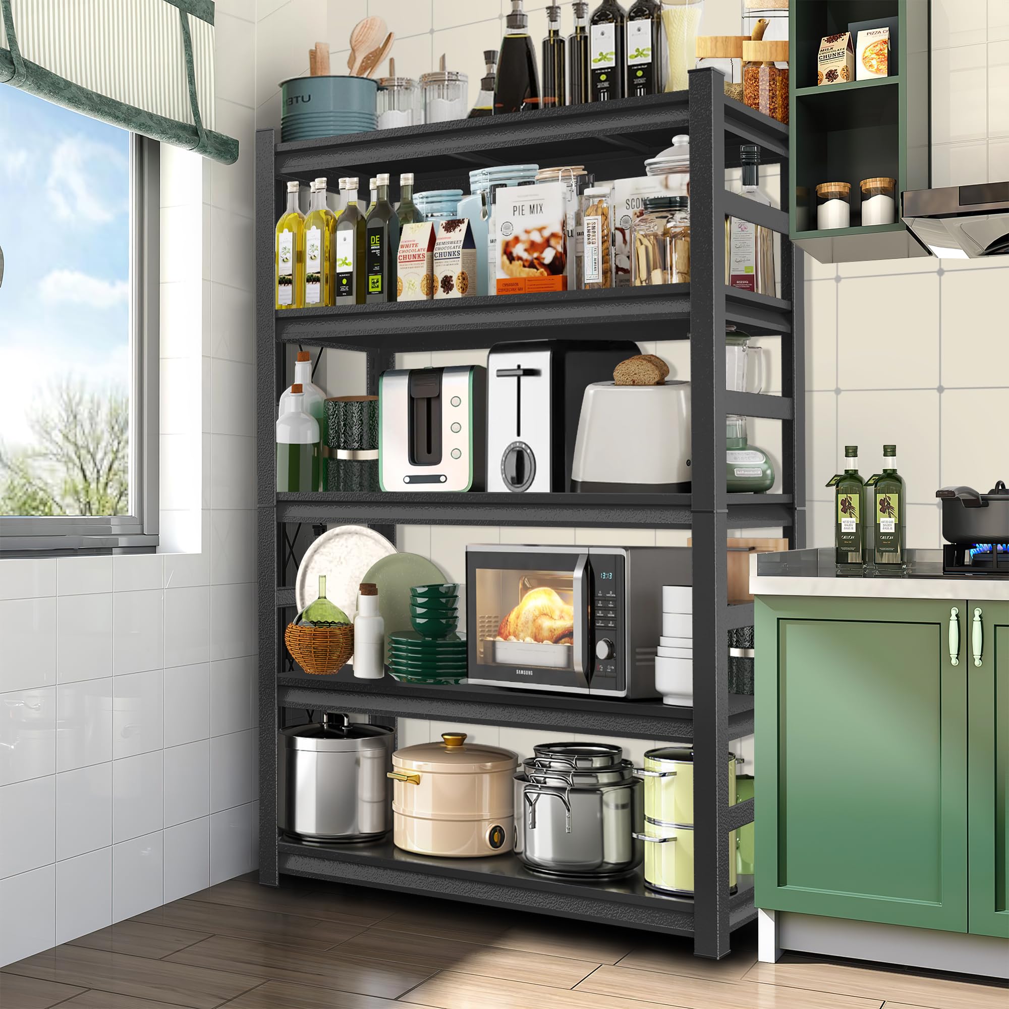 5-Tier Adjustable Heavy Duty Metal Kitchen Storage Shelves 72”H x 36”W x 16”D - Free Standing Kitchen Organizer Shelf for Appliances, Pantry & Spice Storage - Perfect for Small Kitchens, Garages & Laundry Rooms