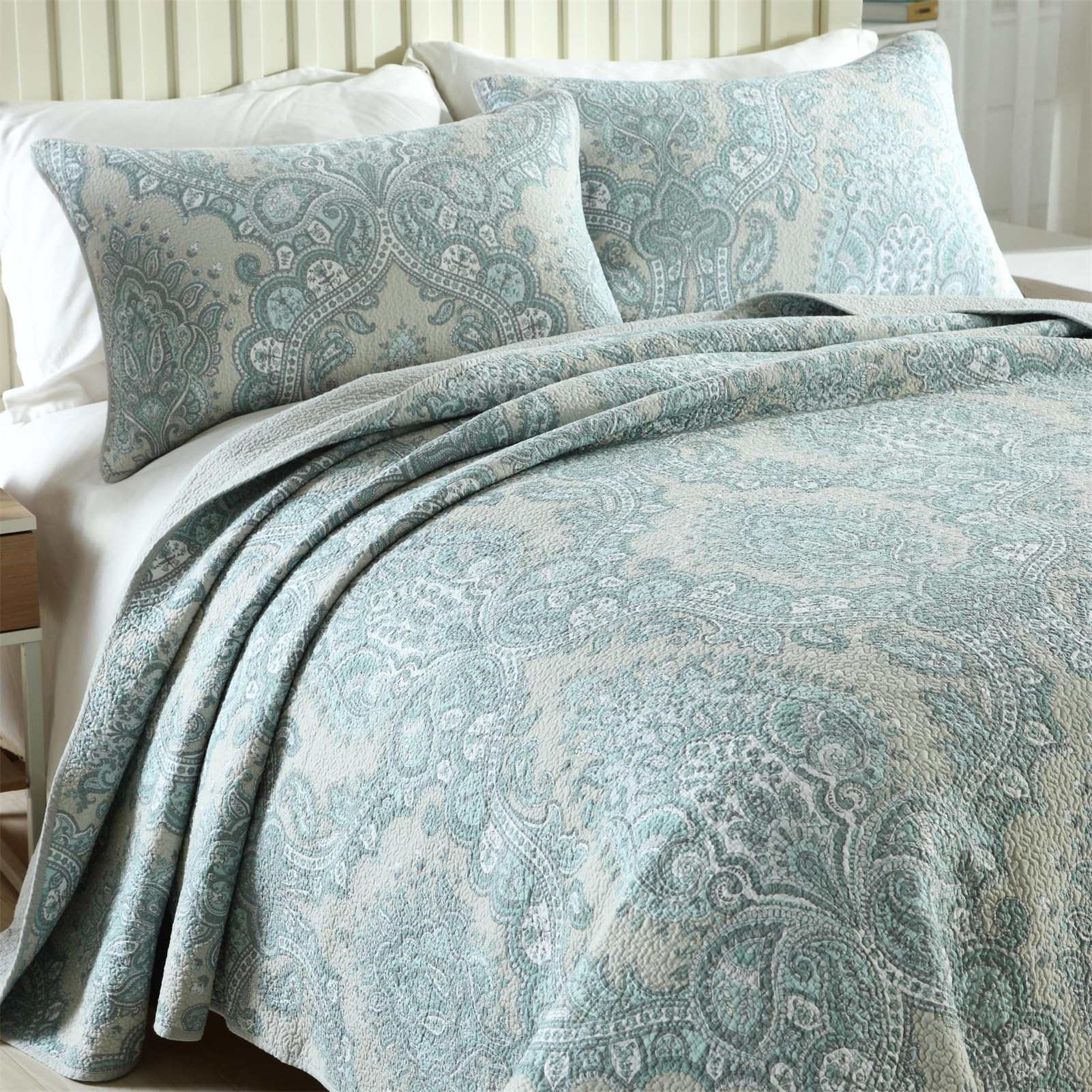 ABREEZE 3-Piece Cotton Coverlet Quilt Bedspread Set - Queen Size, Soft & Comfortable Farmhouse Style Bedding, Blue Paisley Design - Perfect for Guest Rooms, Master Bedrooms & Cozy Farmhouse Decor