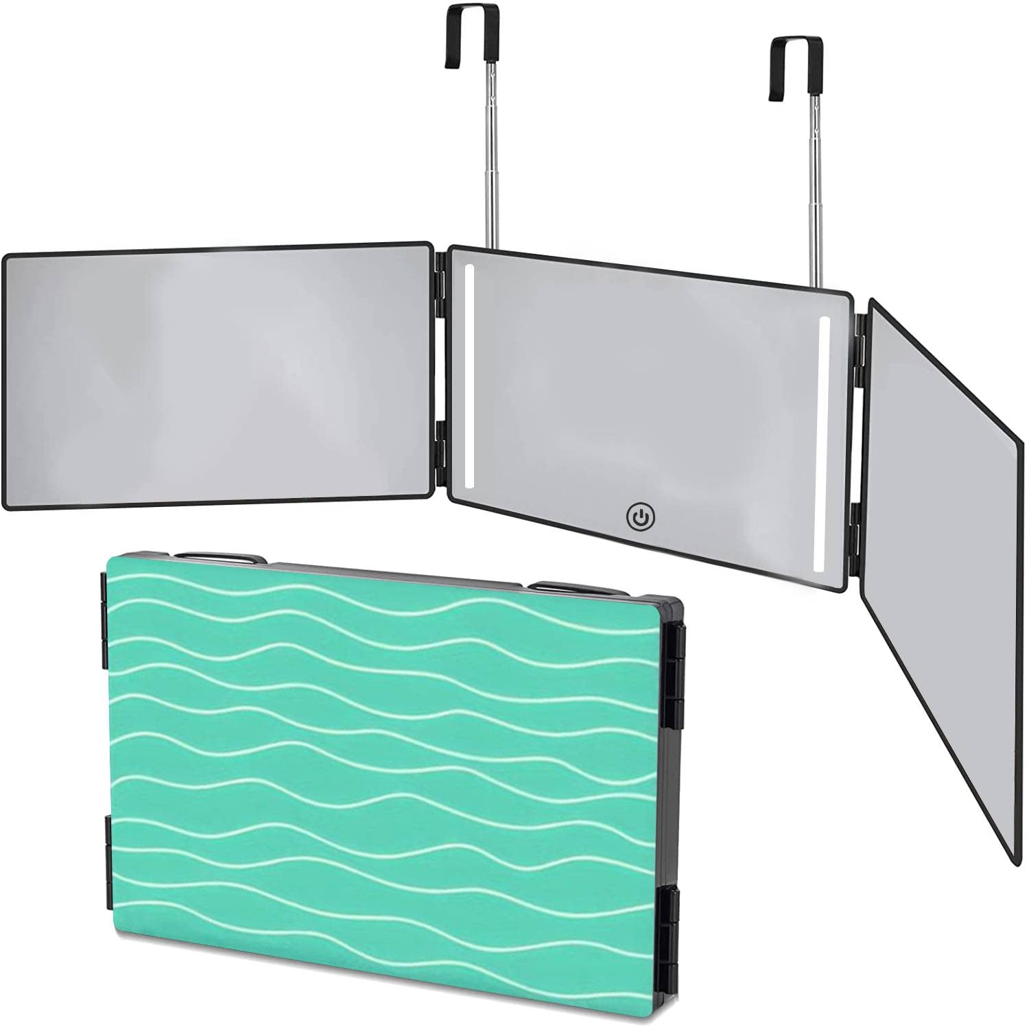 LED 3-Way Trifold Self Haircut Mirror with Lights - 360° Adjustable Barber & Makeup Mirror with Blue & White Irregular Curve Lines - Perfect for Home Hair Cutting, Styling, and Professional Salon Use