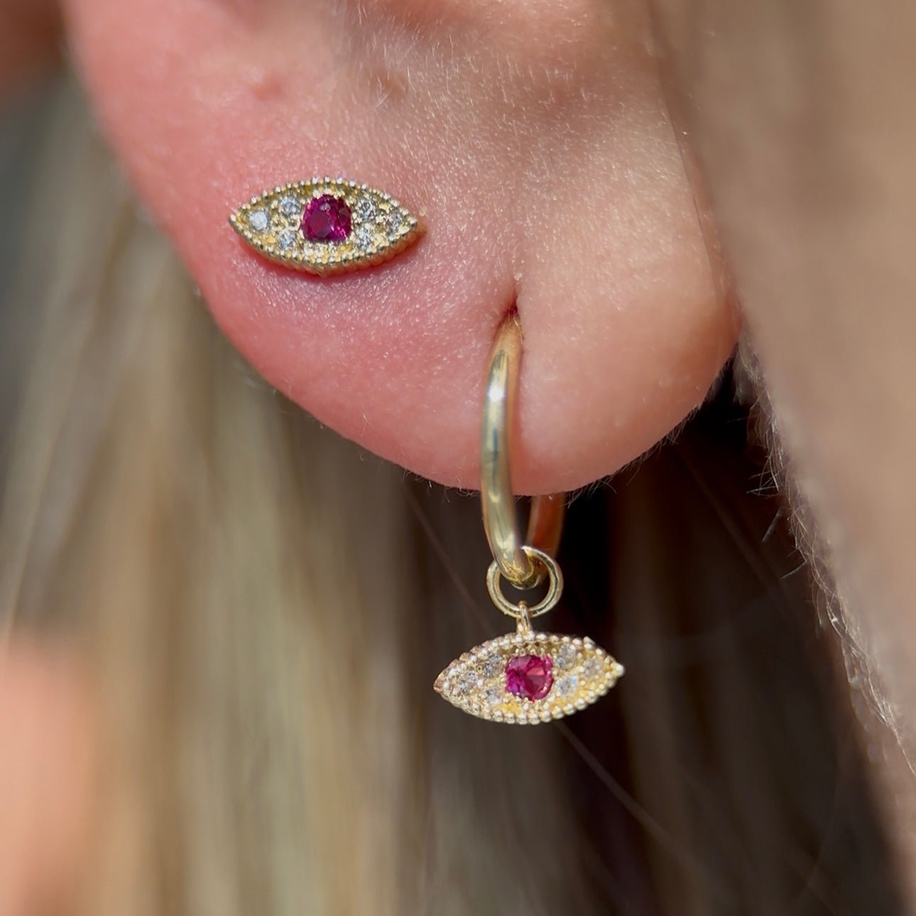 14K Yellow Gold Hoop Earrings with Sapphire Evil Eye Charm - Protection Jewelry for Women, Perfect for Everyday Wear & Gift Giving