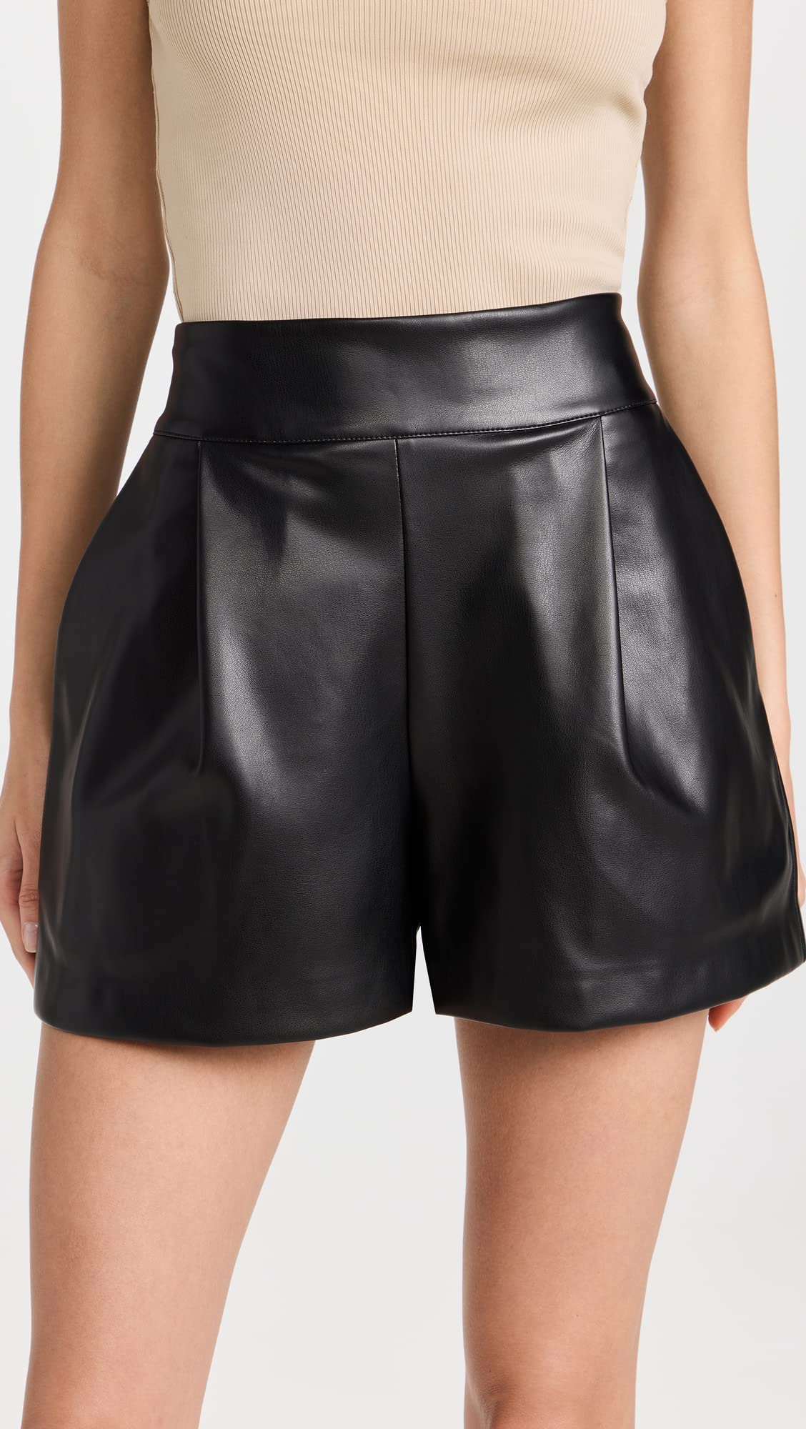 Susana Monaco Women's Faux Leather Pleated High Waist Shorts - Stylish Stretch Vegan Leather Skirt Alternative for Casual Outings & Night Out