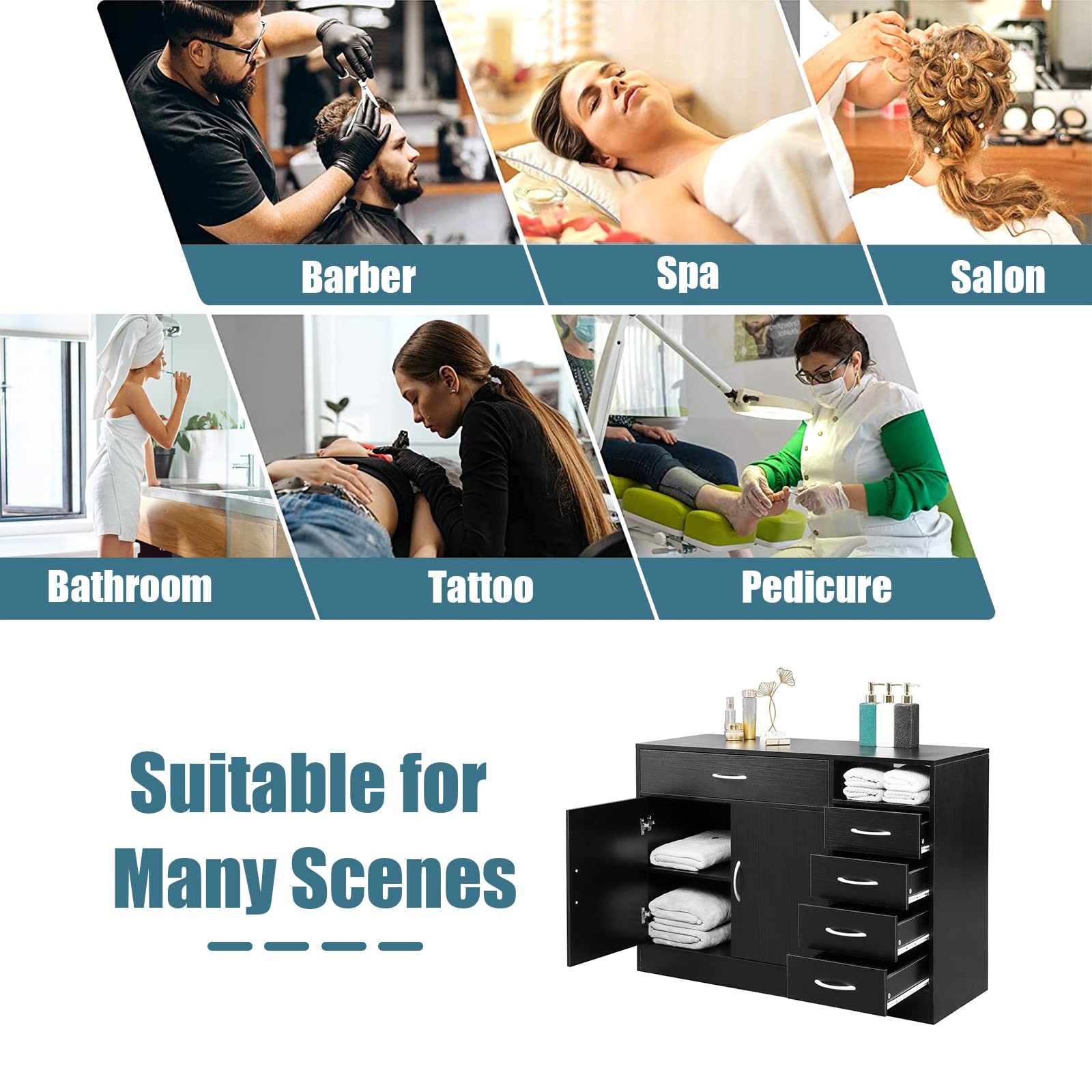 Professional 5-Drawer Black Salon Barber Hair Styling Storage Cabinet with Large Cabinet - Perfect for Barber Shops, Salons & Bathroom Organization