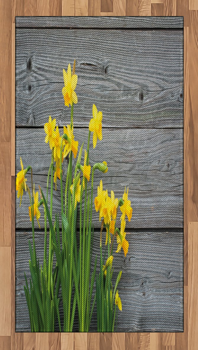 Ambesonne Yellow Flower Area Rug - Daffodil Bouquet on Wood Planks, Rustic Country Style Flat Woven Accent Rug for Living Room, Bedroom & Dining Room, 2'6