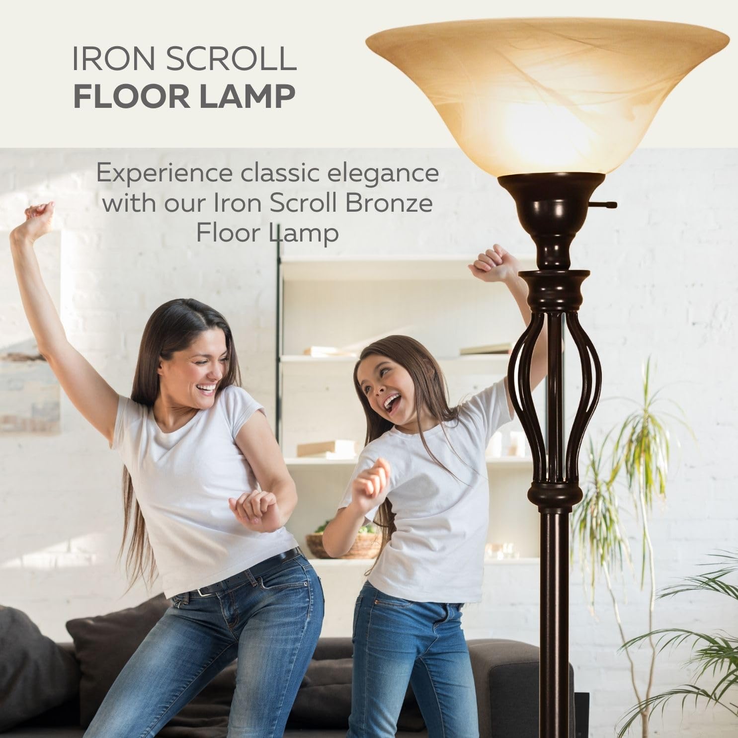 Elegant Bronze Floor Lamp with Glass Alabaster Swirl Amber Shade - Modern Standing Lamp for Living Room & Bedroom - Warm Ambient Lighting for Home Decor - Perfect for Reading Nook, Lounge Area and Cozy Spaces