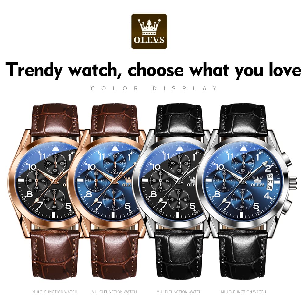 OLEVS Men's Brown Leather Chronograph Watch with Date - Large Face Analog Quartz Wristwatch for Business, Casual & Sports | Waterproof Dress Watch for Men (Reloj De Hombre) - Perfect for Office, Outdoor Activities & Formal Events