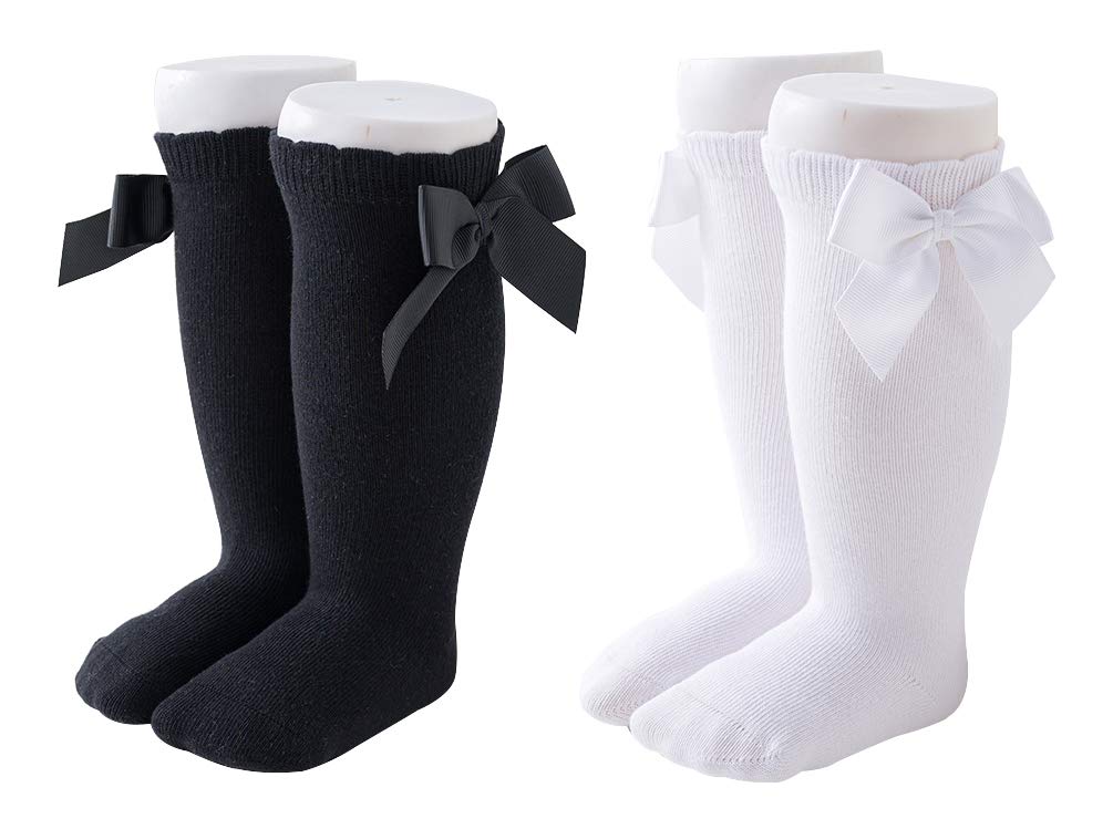 Maorrew 2 Pack Baby Girls Knee High Socks with Bows - Soft Cotton Long Stockings for Infants & Toddlers - Cute Ruffled Uniform Leggings for School, Playtime & Special Occasions